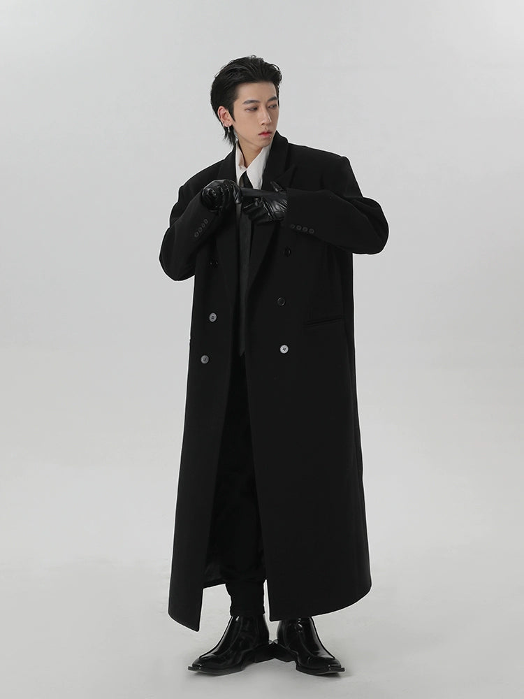 Long Black Double-Breasted Overcoat