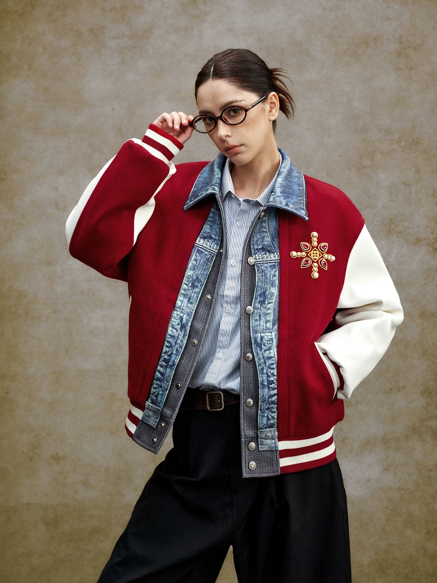 Denim Panel Embroidered Varsity Bomber Jacket