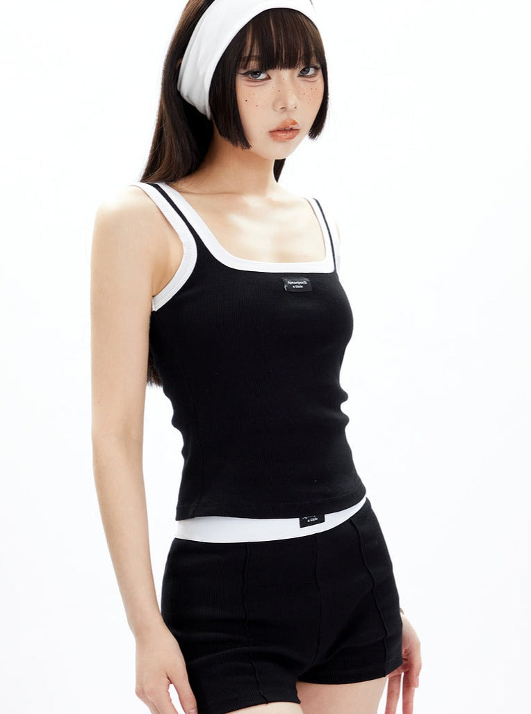 Black and White Contrast Trim Crop Top and Shorts Set
