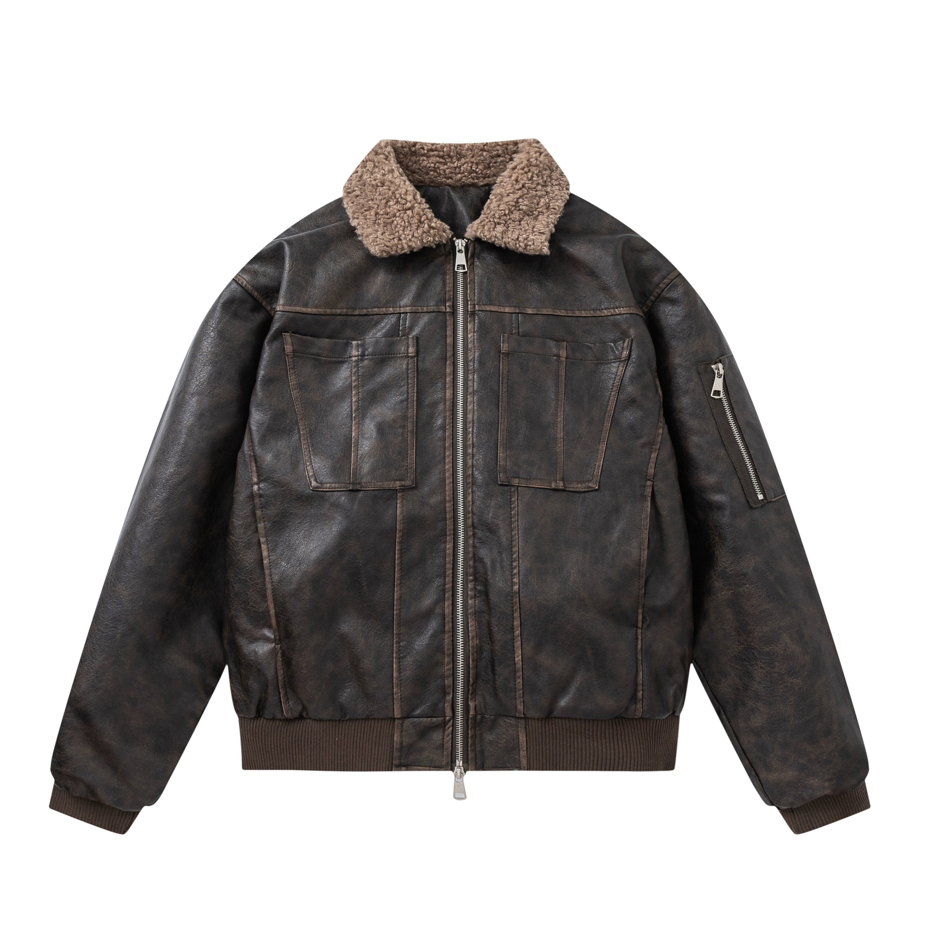 Veste en cuir PU avec col en laine d'agneau