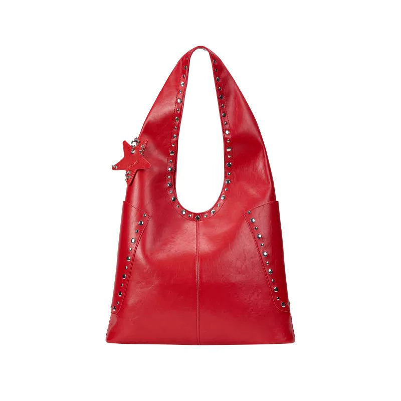 Studded Crimson Slouch Shoulder Bag - Default Title