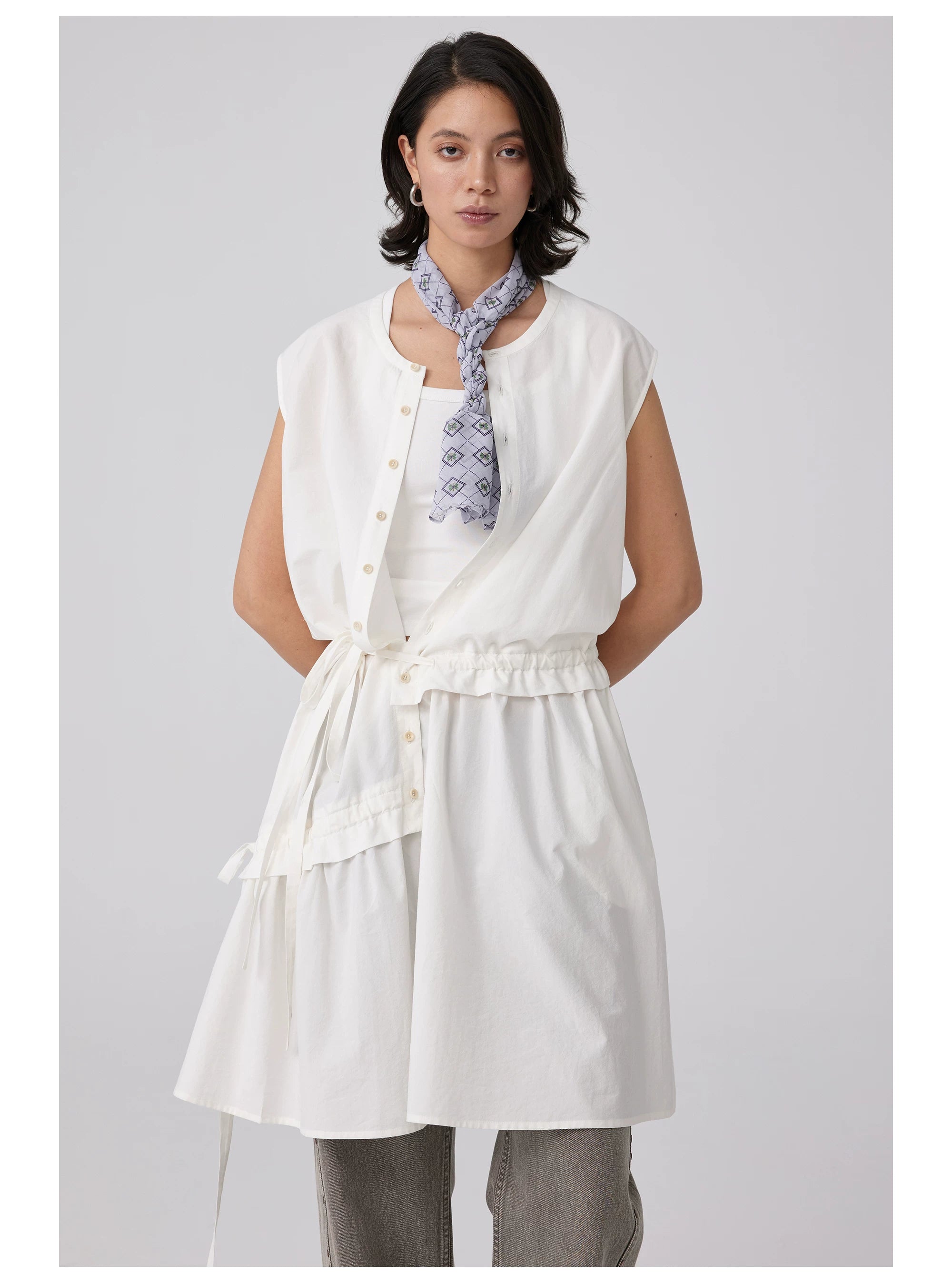 Sleeveless Button-Front Tie-Waist Dress