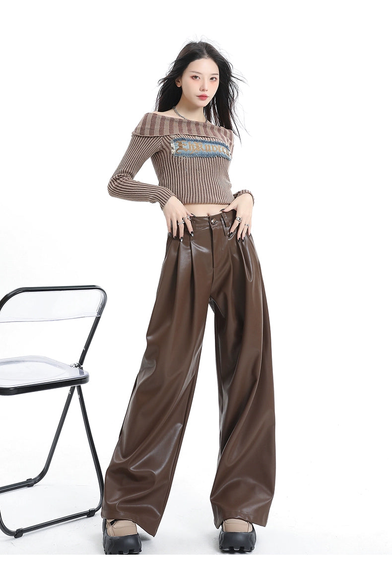 Coffee Wide-Leg Pu Leather Pants - chiclara