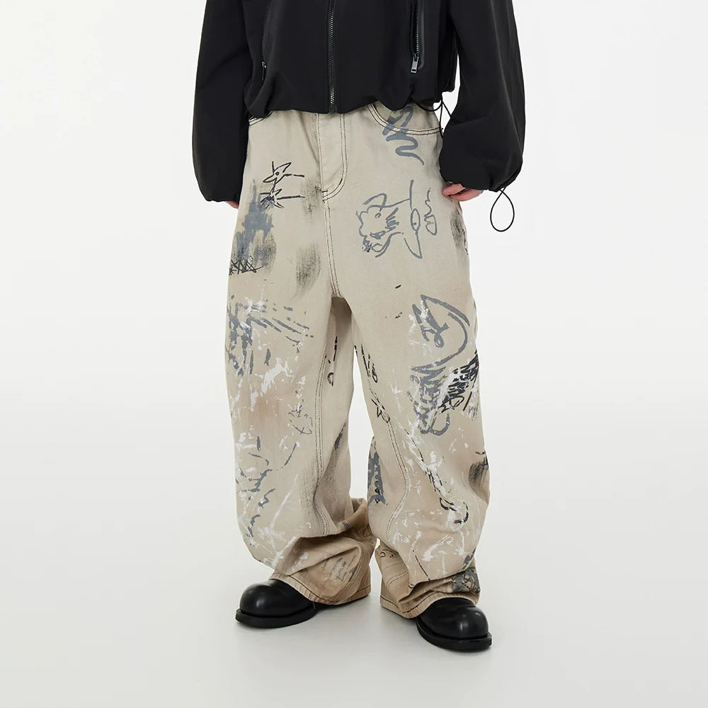 Beige Graffiti Print Wide-Leg Jeans
