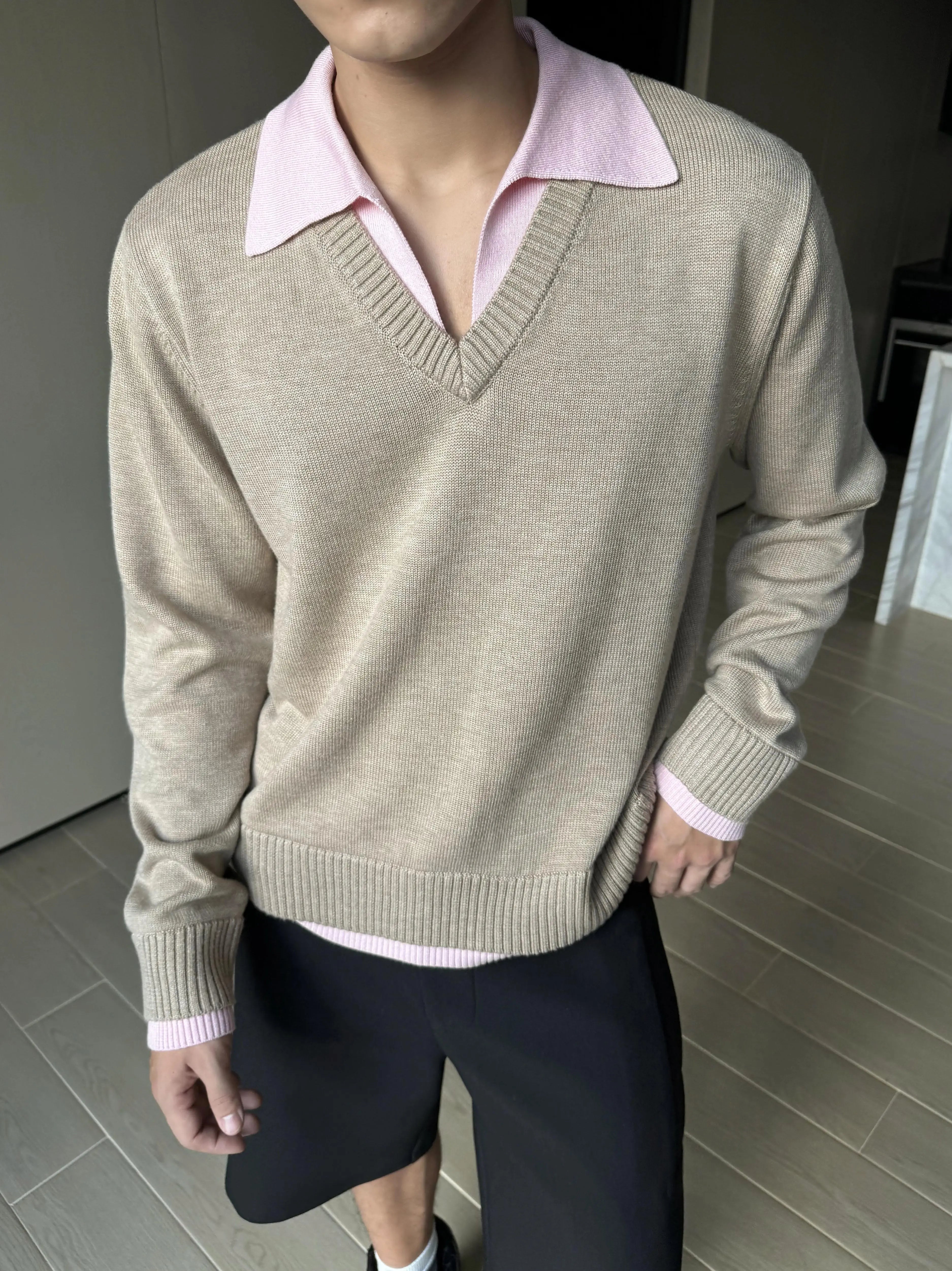 Classic Grey V-Neck Knit Wool Sweater