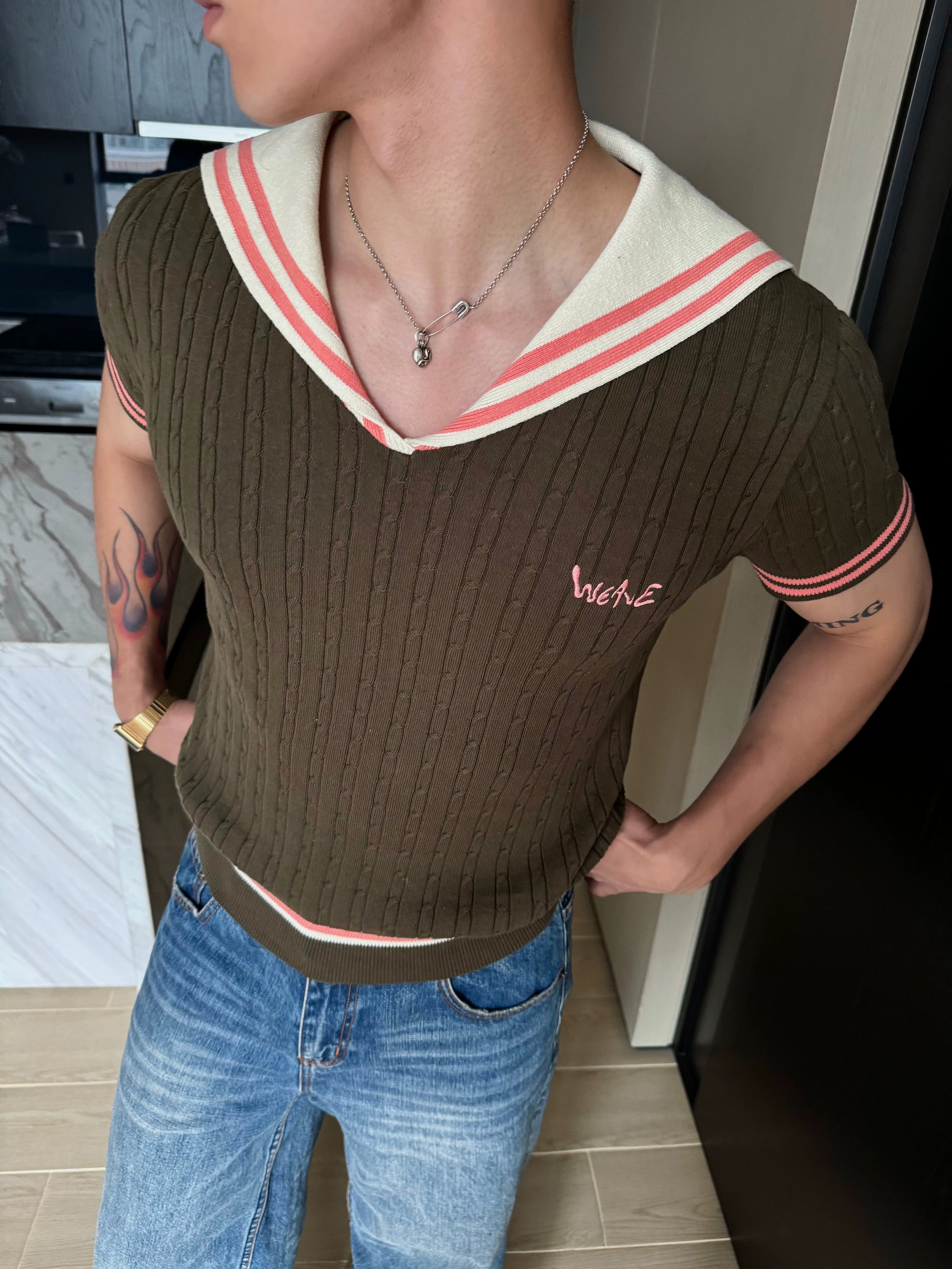 Retro Varsity Knit V-Neck Vest Brown