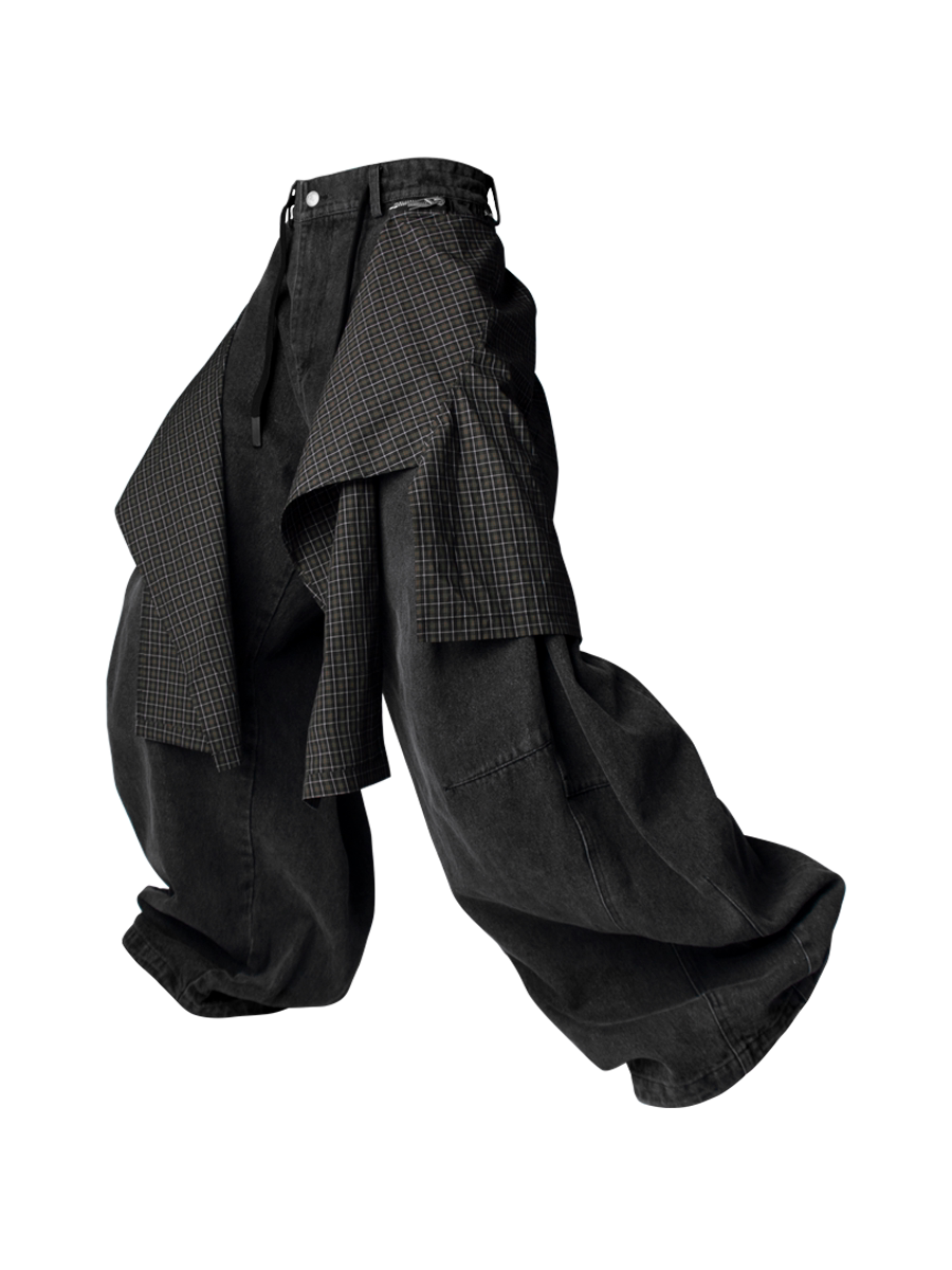 Convertible Plaid Drape Barrel Jeans