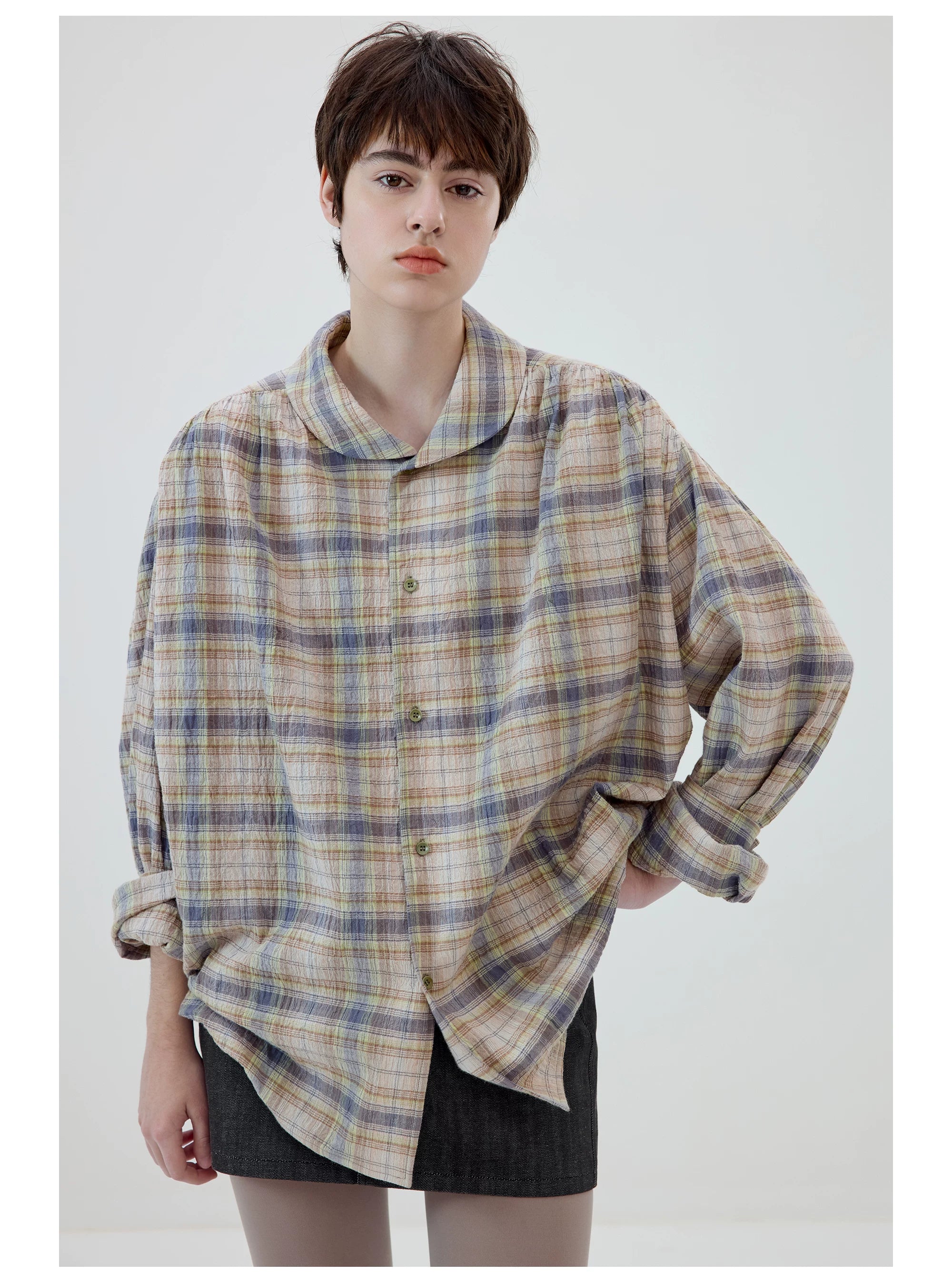 Oversized Pastel Plaid Button-Up Shirt