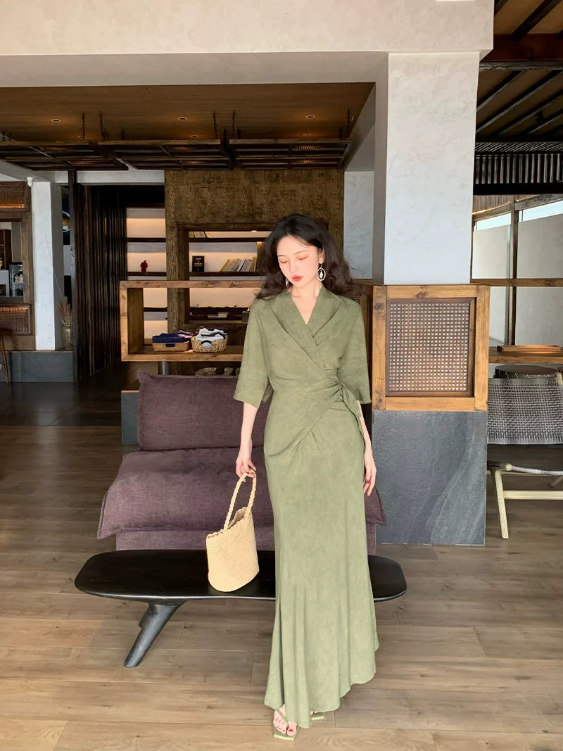 Wrap Maxi Dress with 3/4 Sleeves XXS / Moss Green