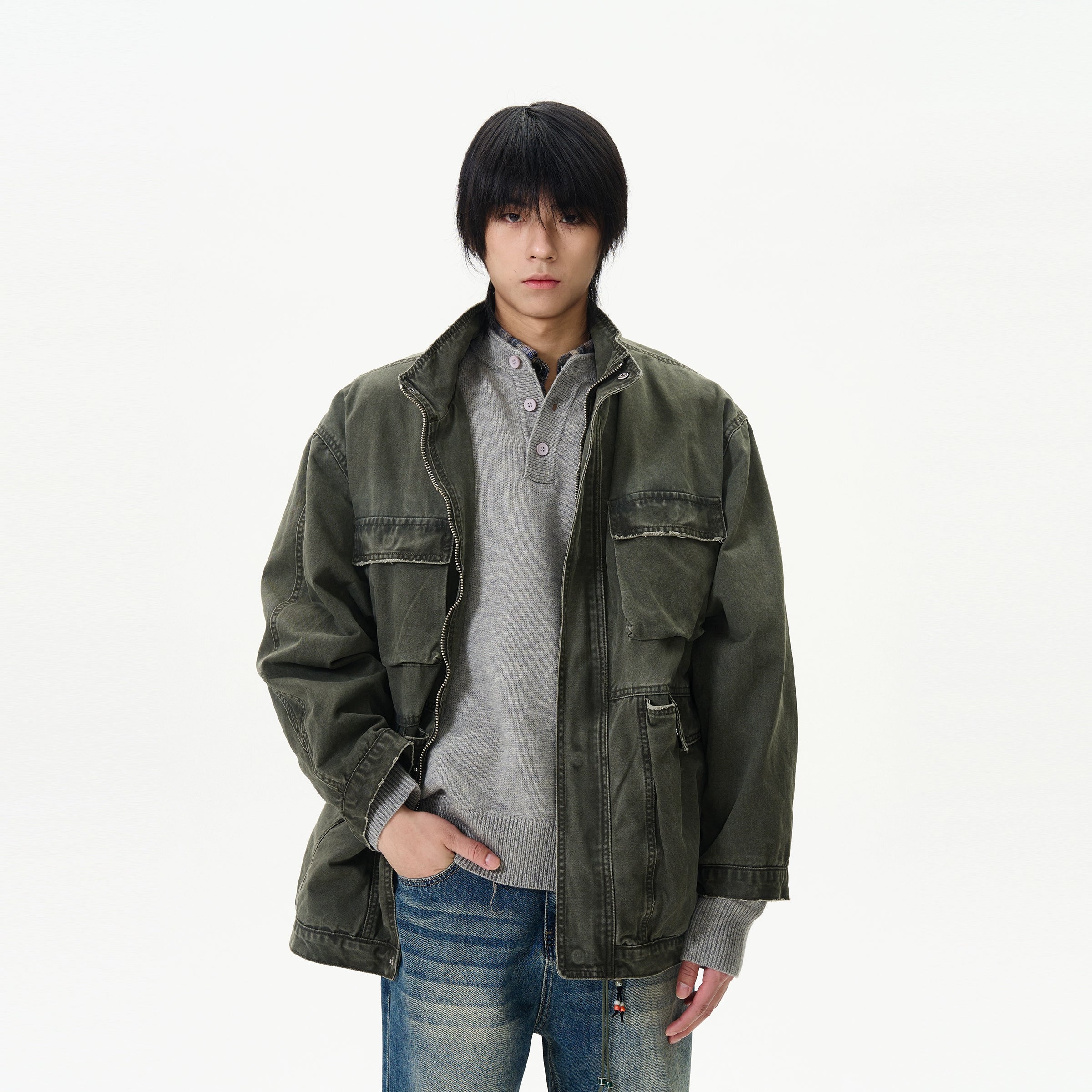 Olive Green Military-Style Field Jacket
