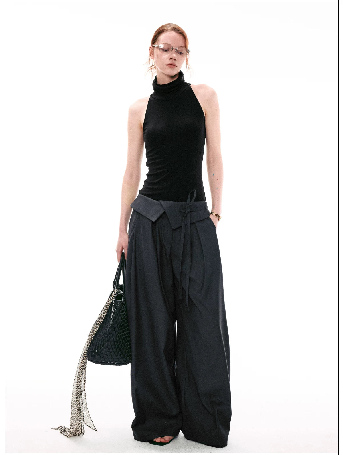 Foldover Tie-Waist Wide Trousers