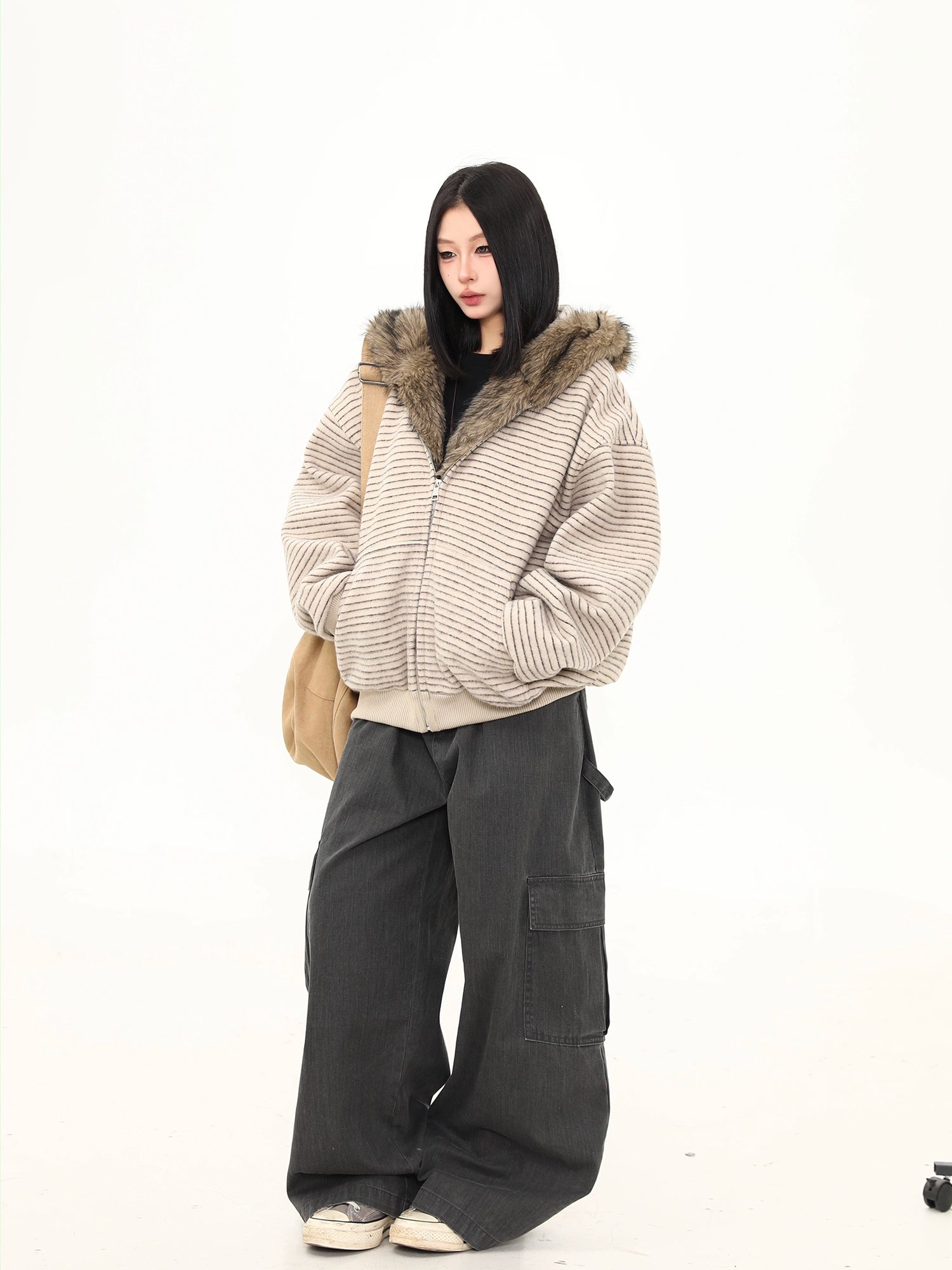 Frost Ridge Striped Faux Fur Hoodie Jacket