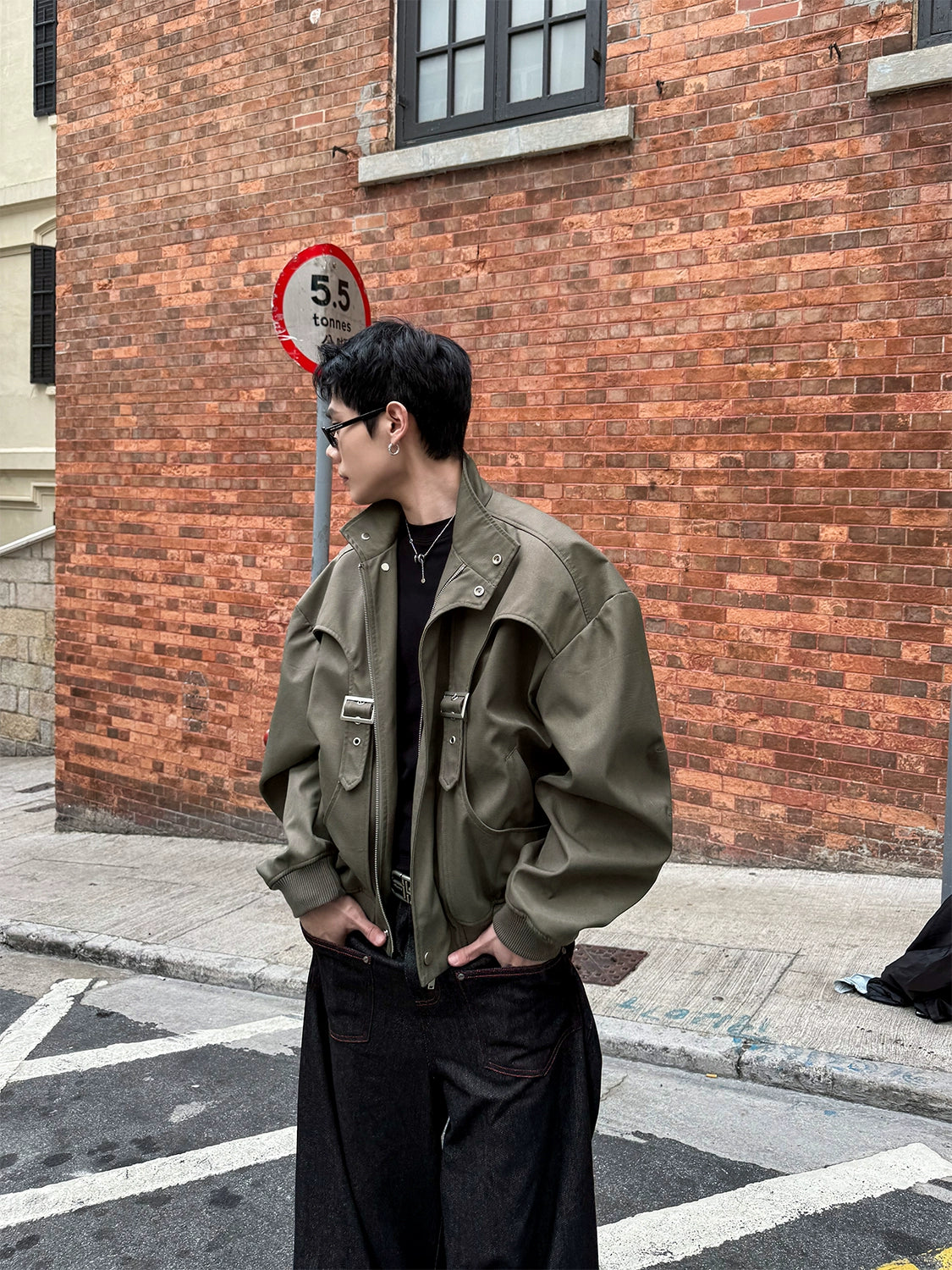Olive Buckle Arc Bomber Jacket