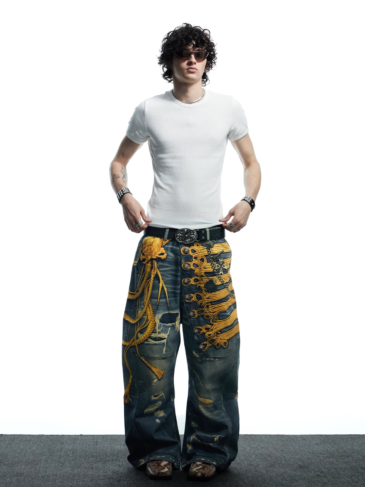 Baroque Military Embroidered Distressed Wide-Leg Jeans