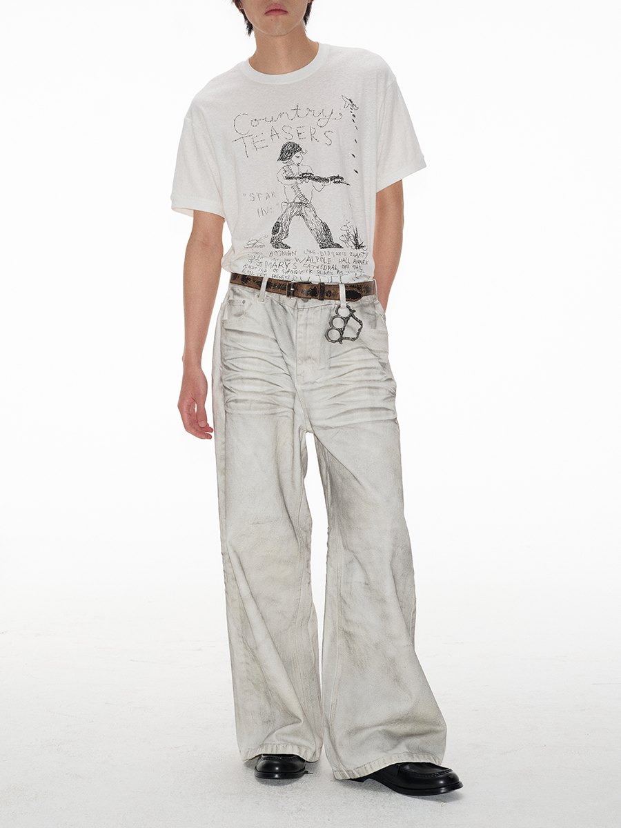 Faded White Ruched-Front Wide-Leg Jeans