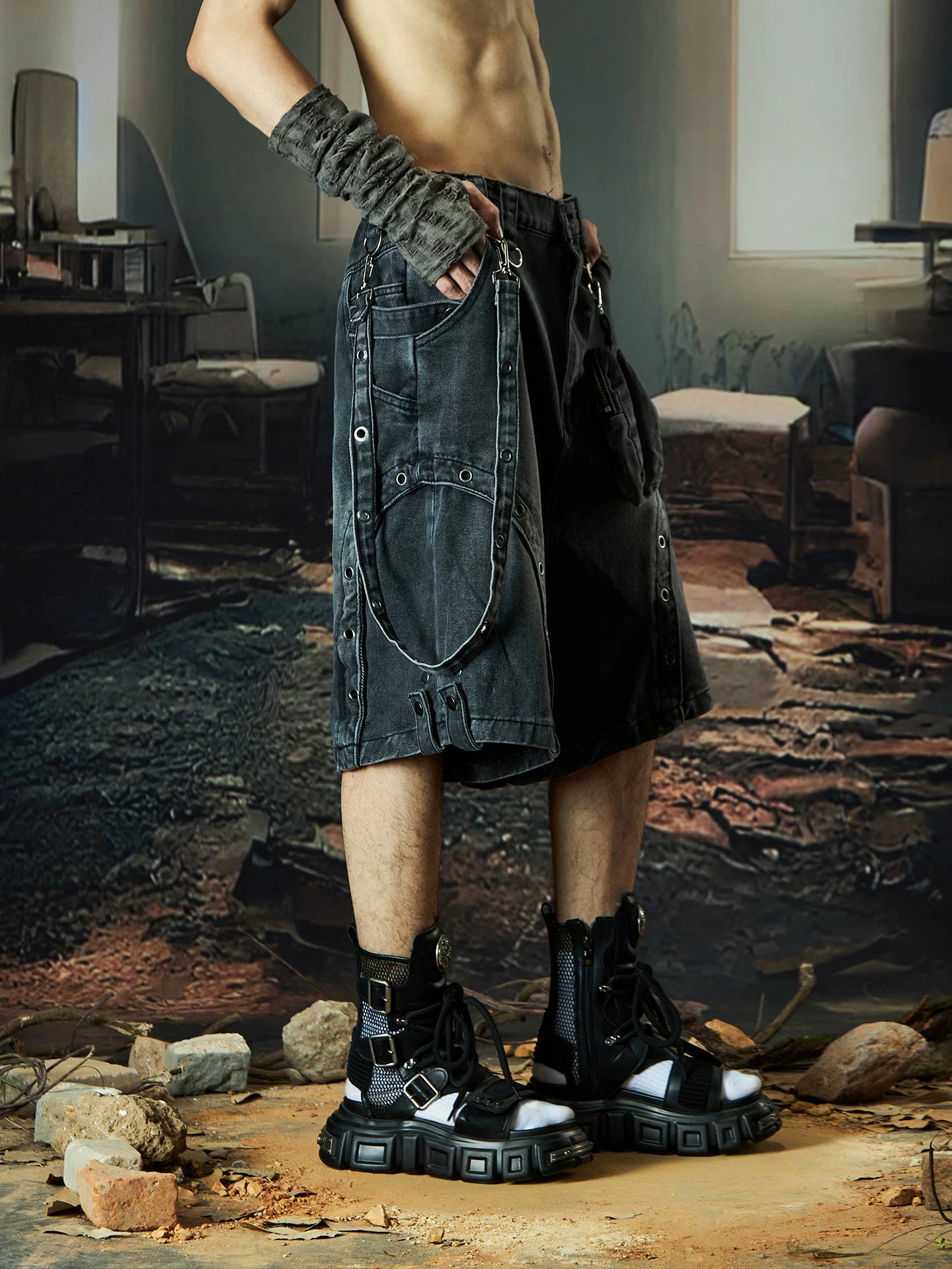 Wasteland Harness Cargo Denim Shorts