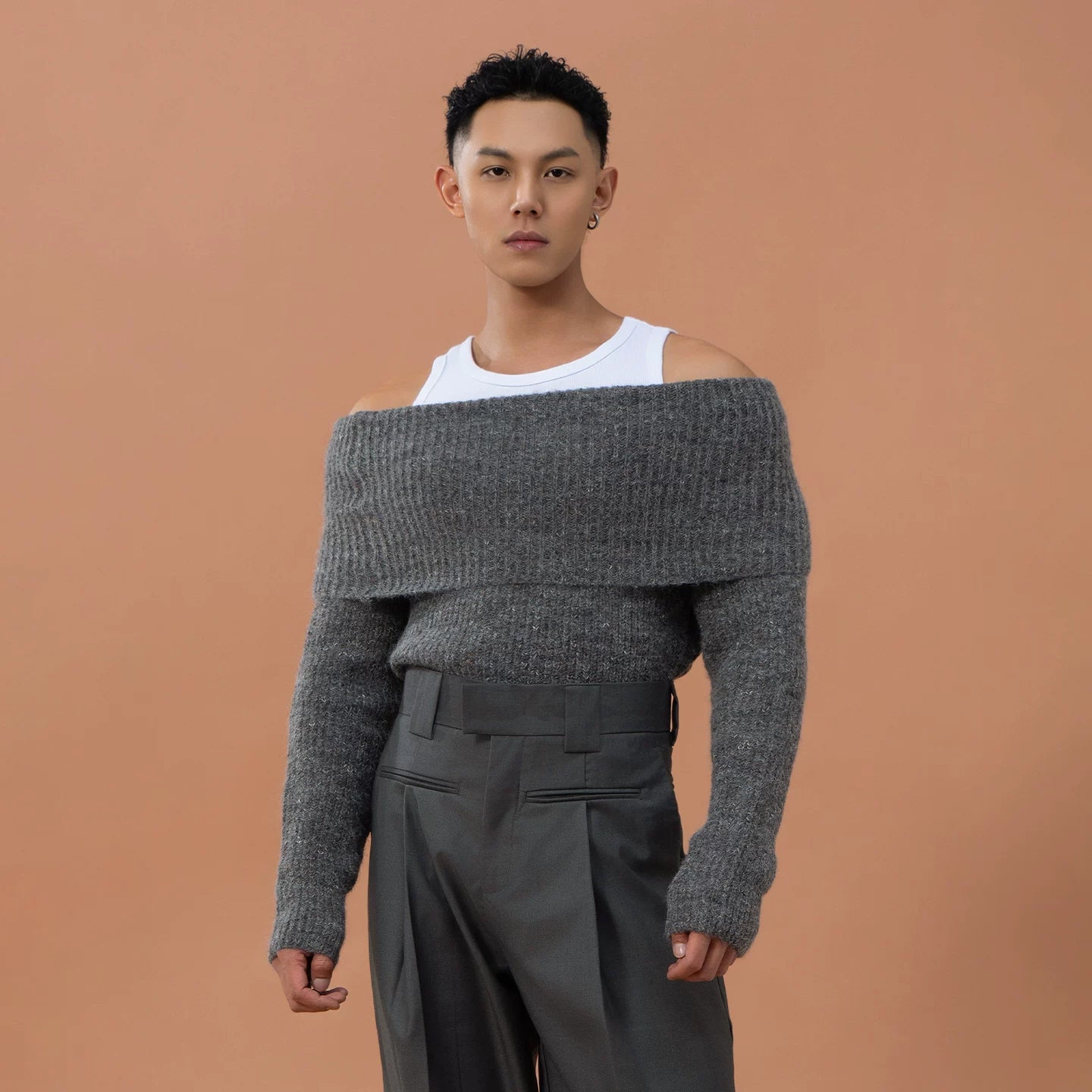 Slate Slouch Off-Shoulder Knit Pullover
