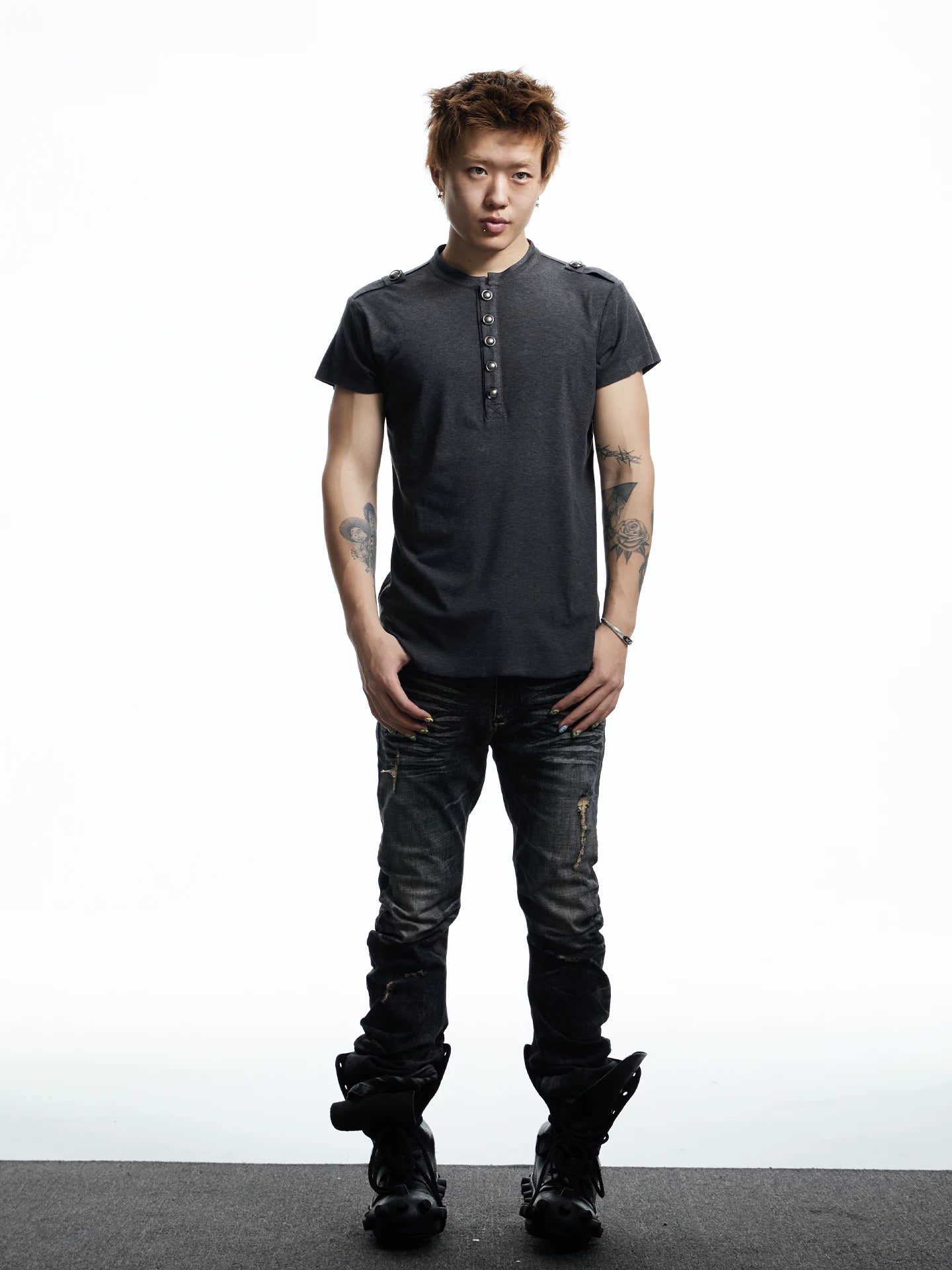 Button Placket Shoulder Tab T-Shirt
