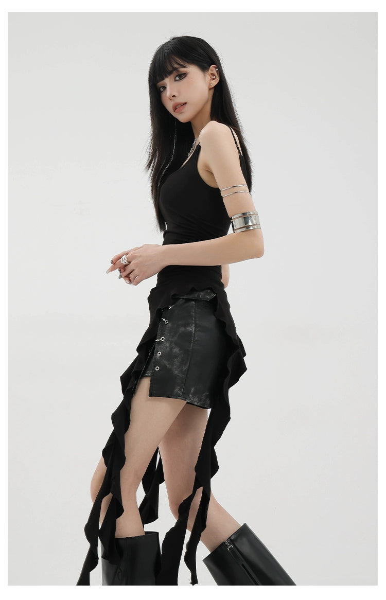Black Asymmetric Ribbon Strap Tank Top With Ruffle Edge Design - chiclara