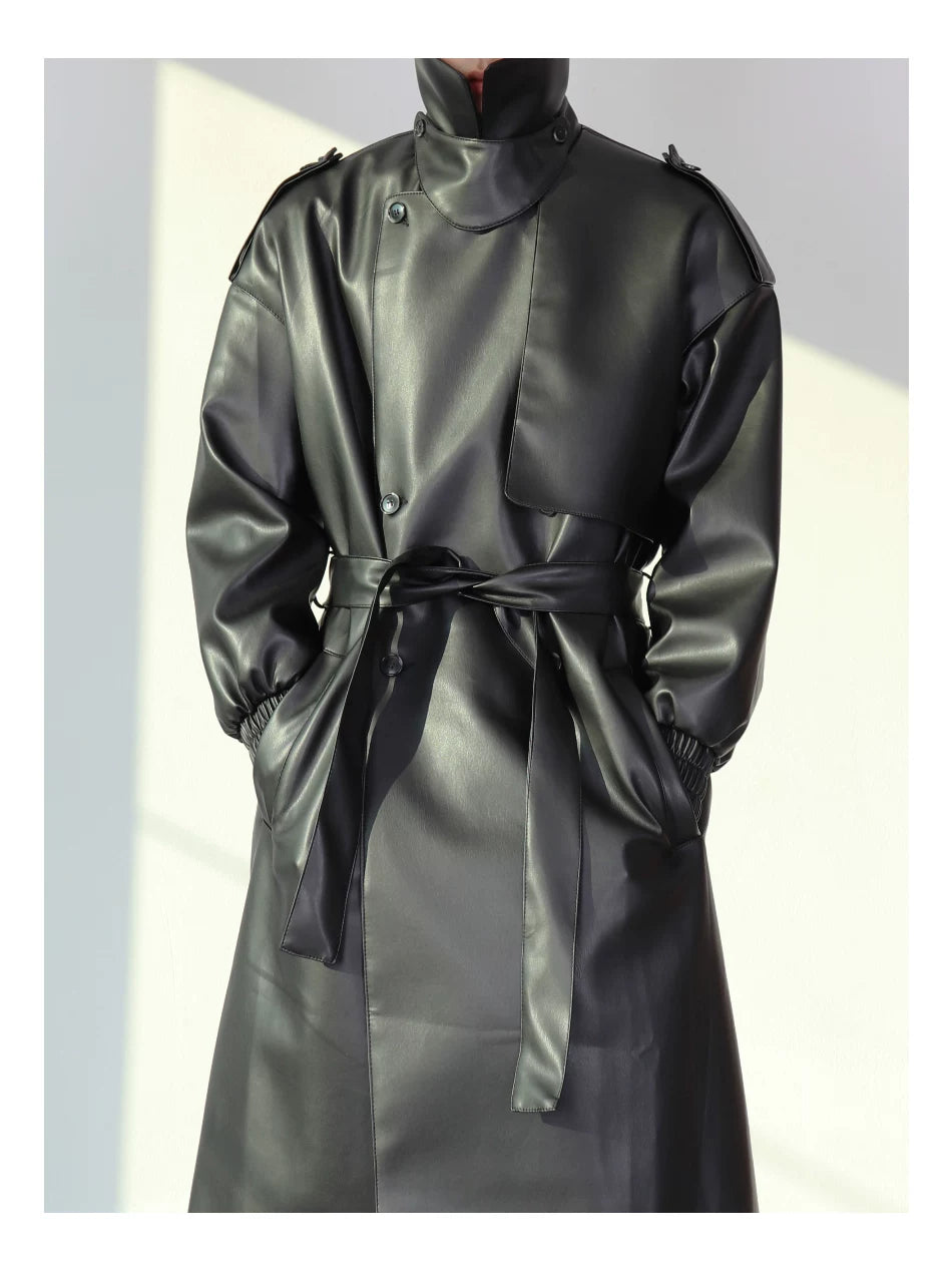 Noir Eclipse Belted Faux Leather Trench Coat