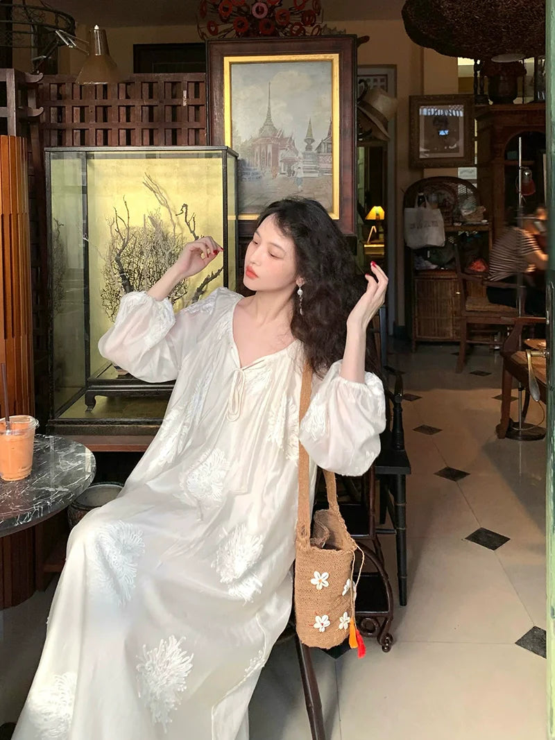 Vintage-Inspired Ivory Embroidered Long-Sleeve Maxi Dress
