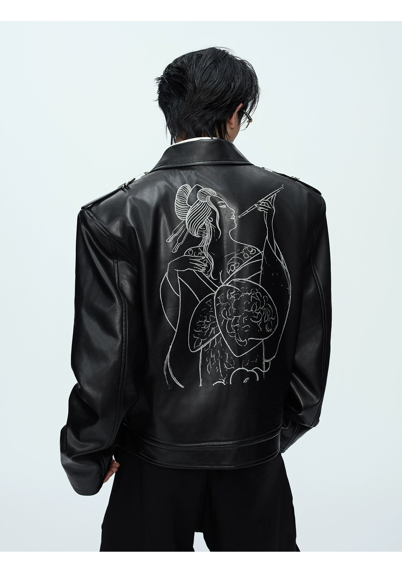 Geisha Embroidered Black Leather Jacket