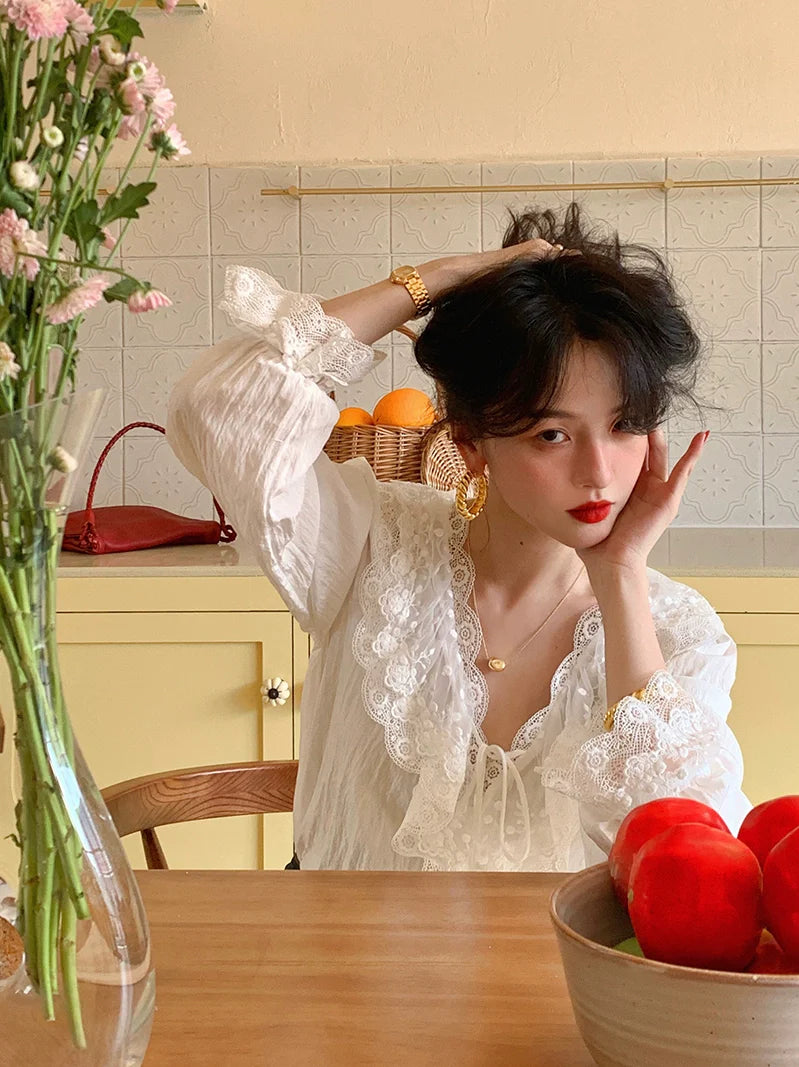 White Lace-Trimmed Blouse