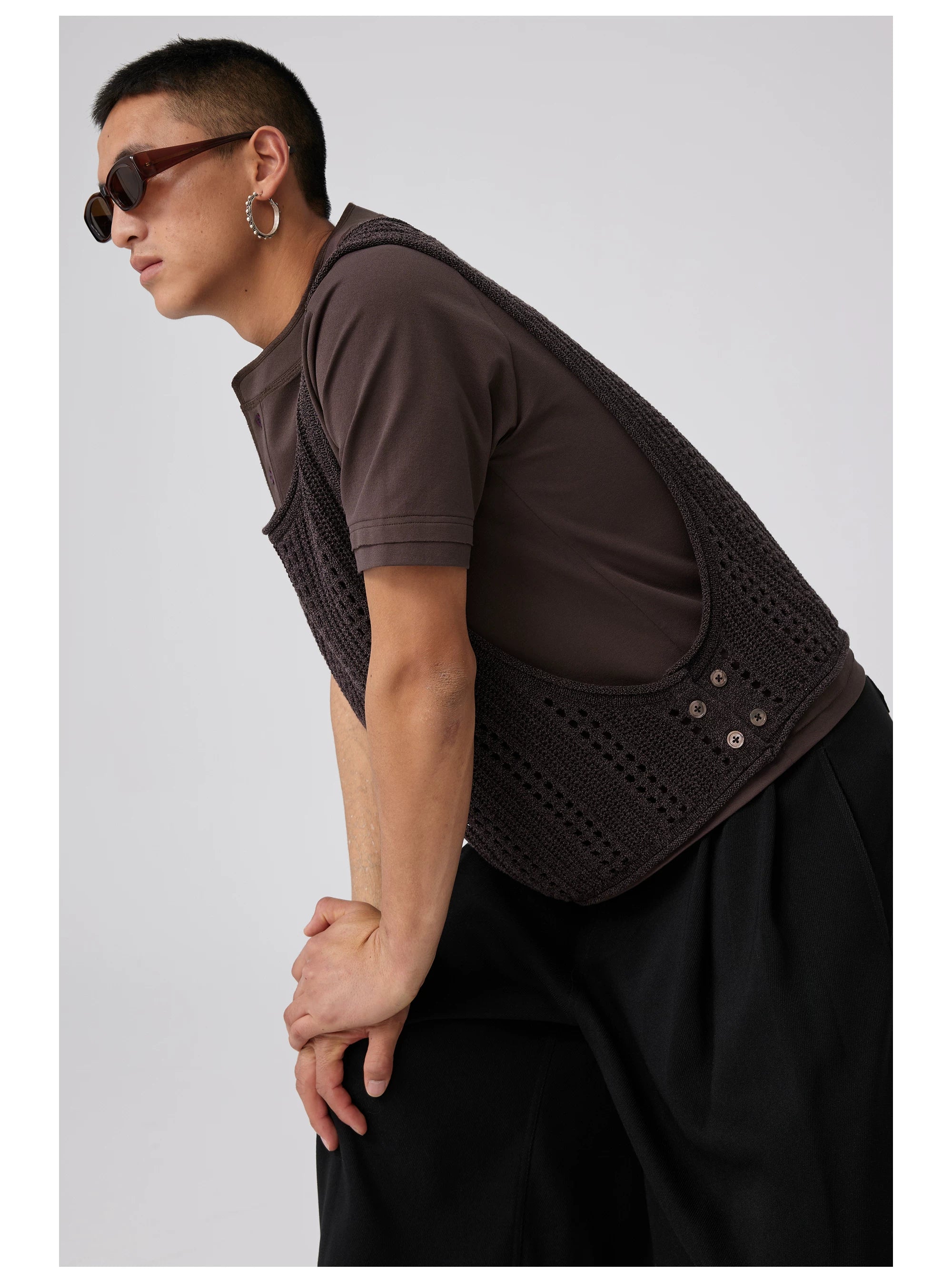 Open-Knit Button-Detail Vest