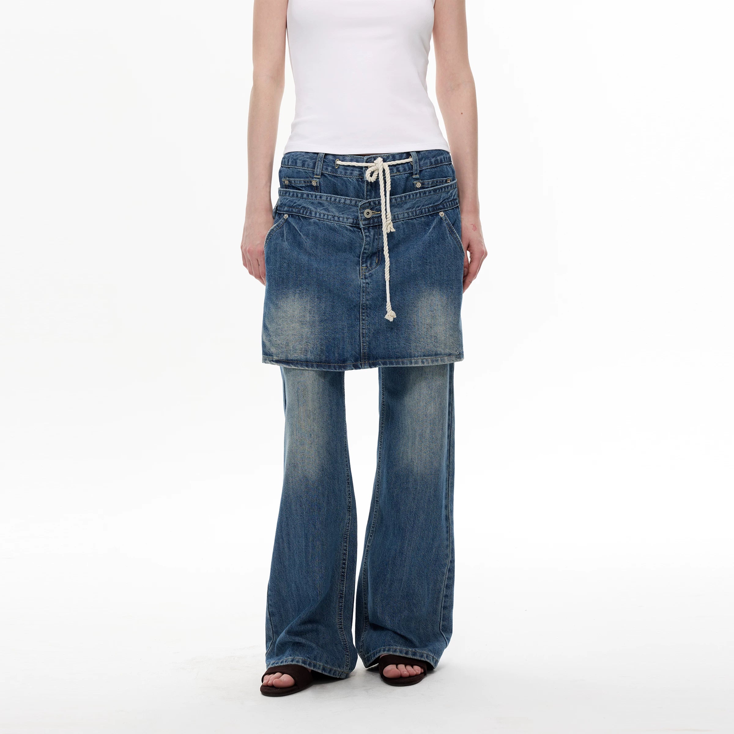Rope Layer Denim Skirt‑Over Flare Jeans