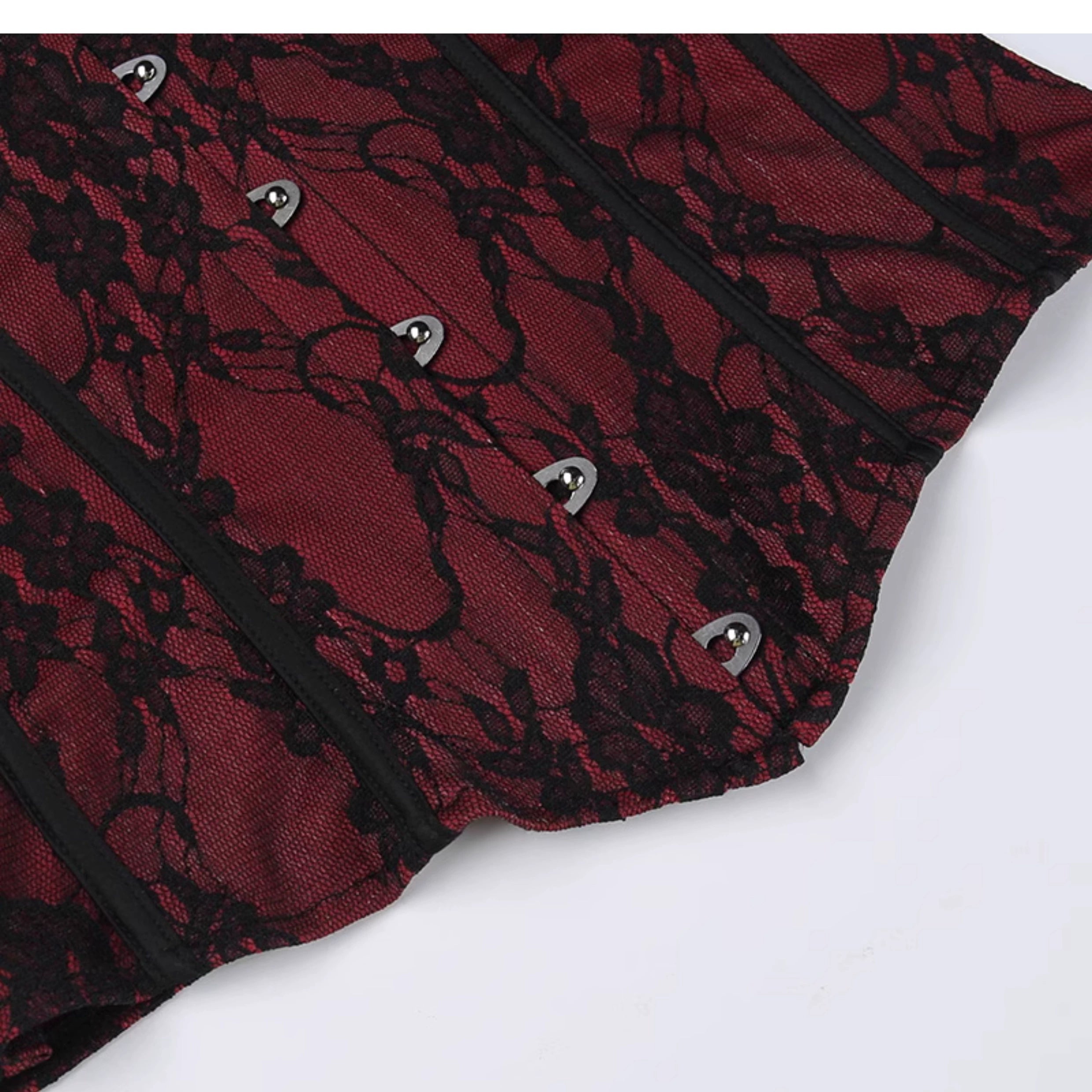 Wannathis Gothic Lacet-Up Corset - Bustier de brocade floral rouge et noir avec garniture à volants