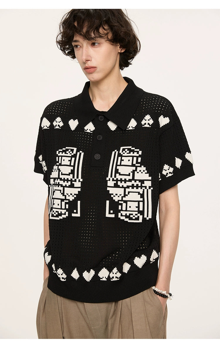 Pixel Heart Knit Polo Shirt