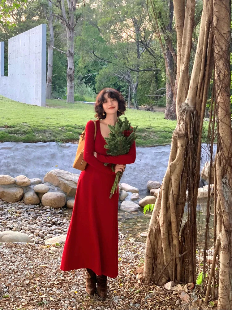 U-Neck Long Sleeve Maxi Dress