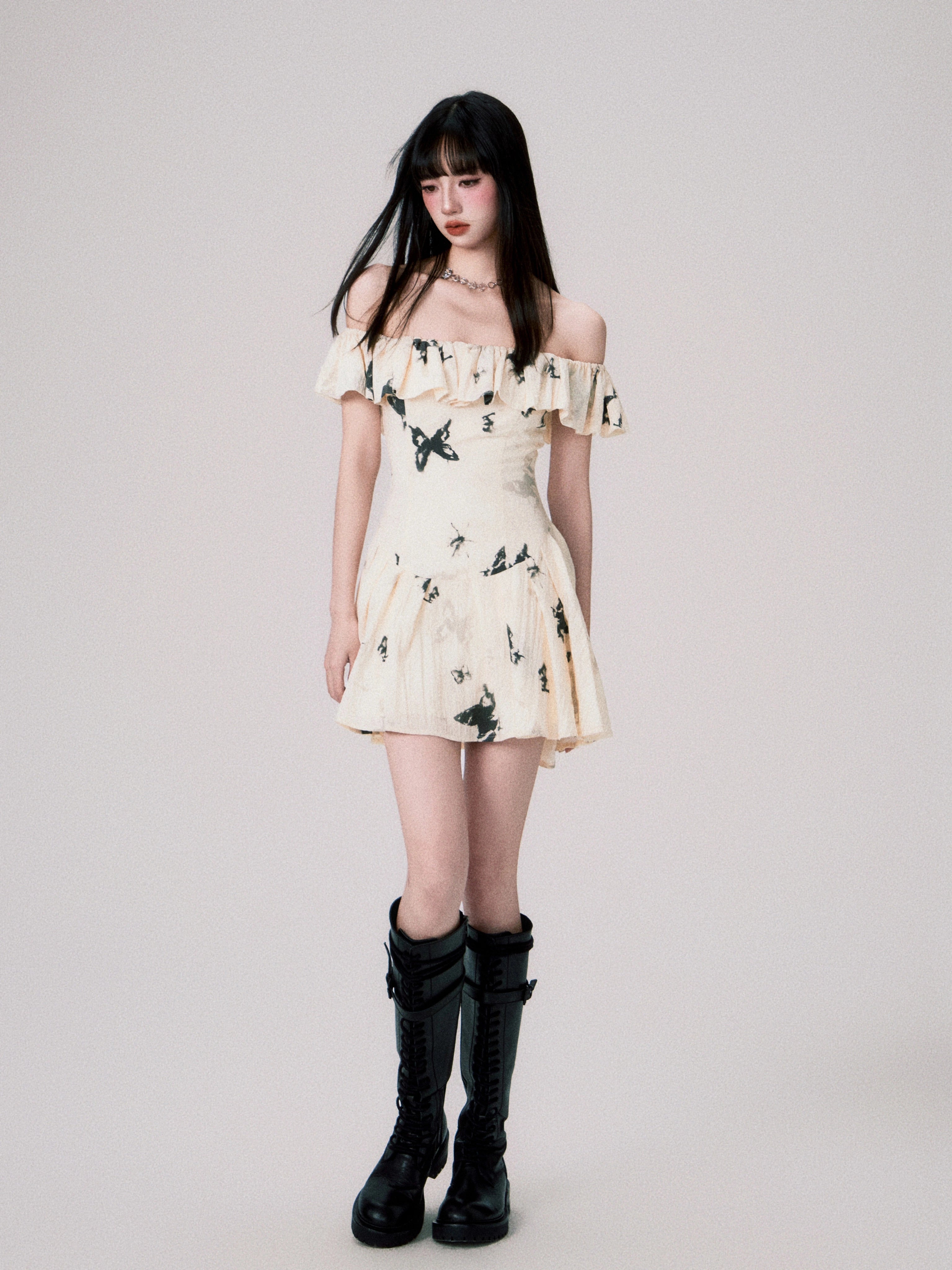 French Ink Butterfly Print Off-Shoulder Dress - chiclara