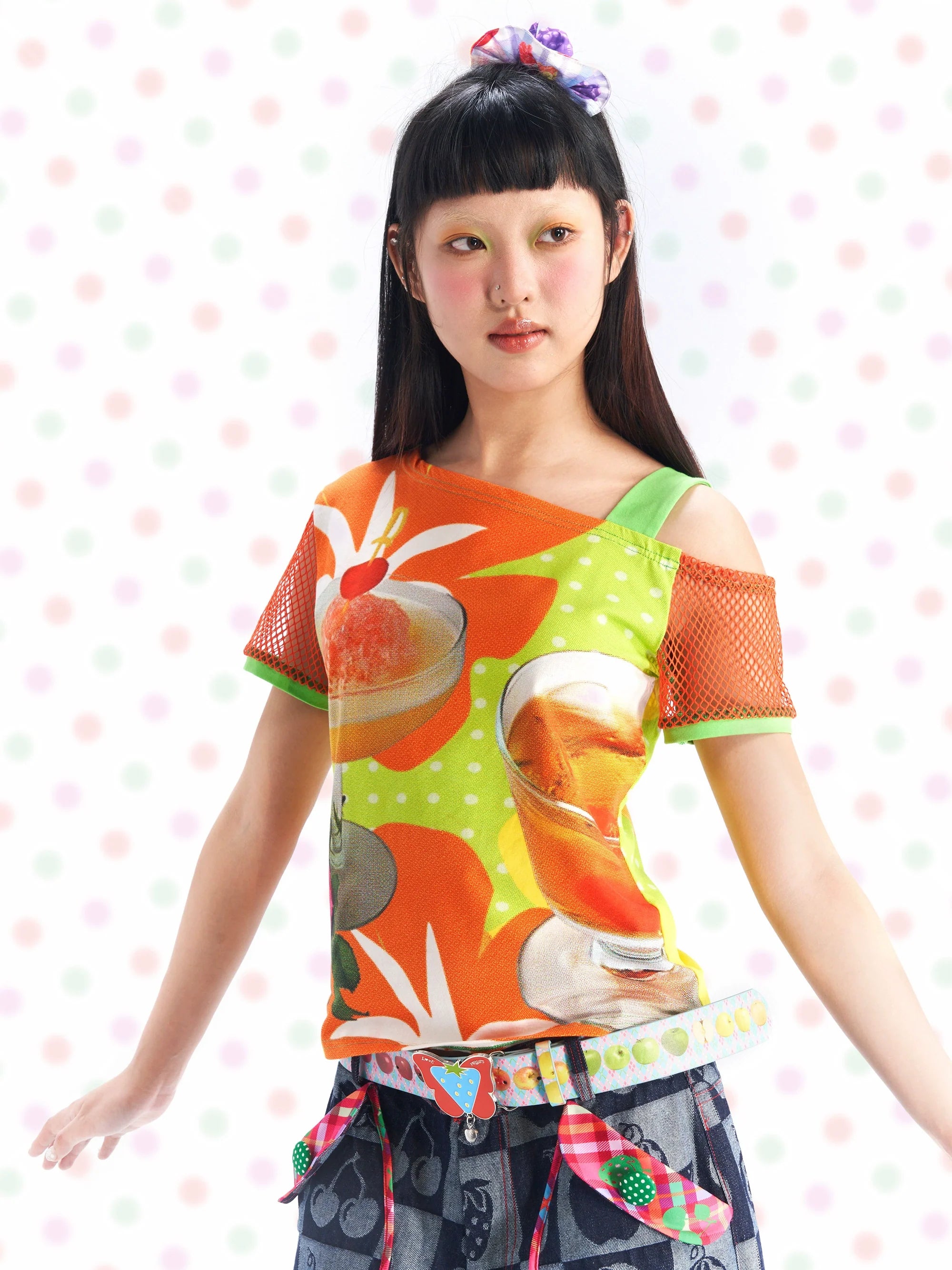 Orange Fruit Smoothie Print Mesh T-shirt