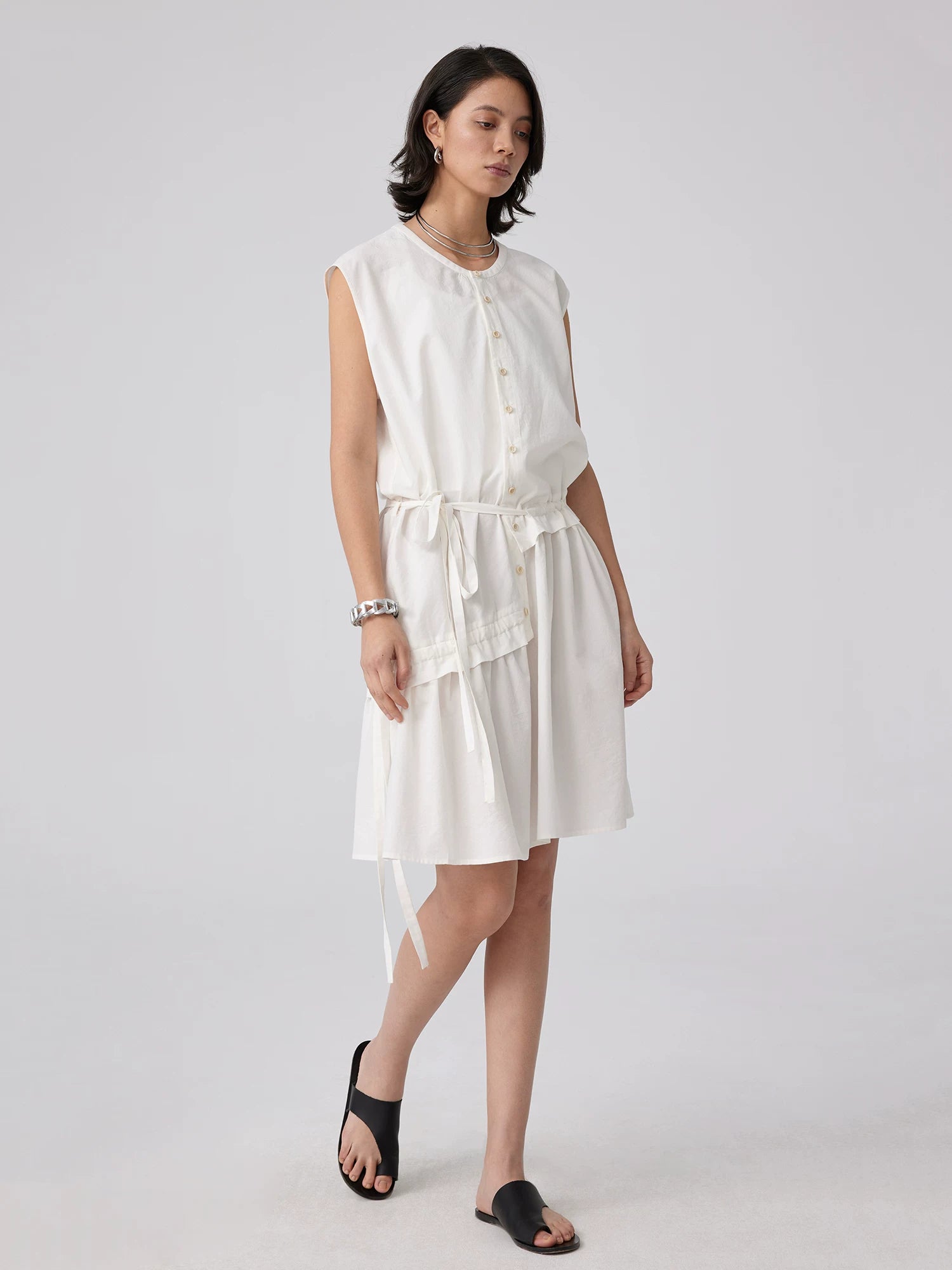 Sleeveless Button-Front Tie-Waist Dress