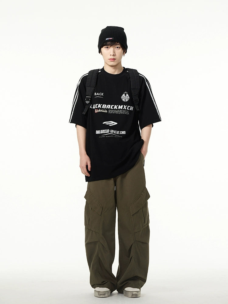 Oversized Graphic T-Shirt with White Stripe Sleeves
