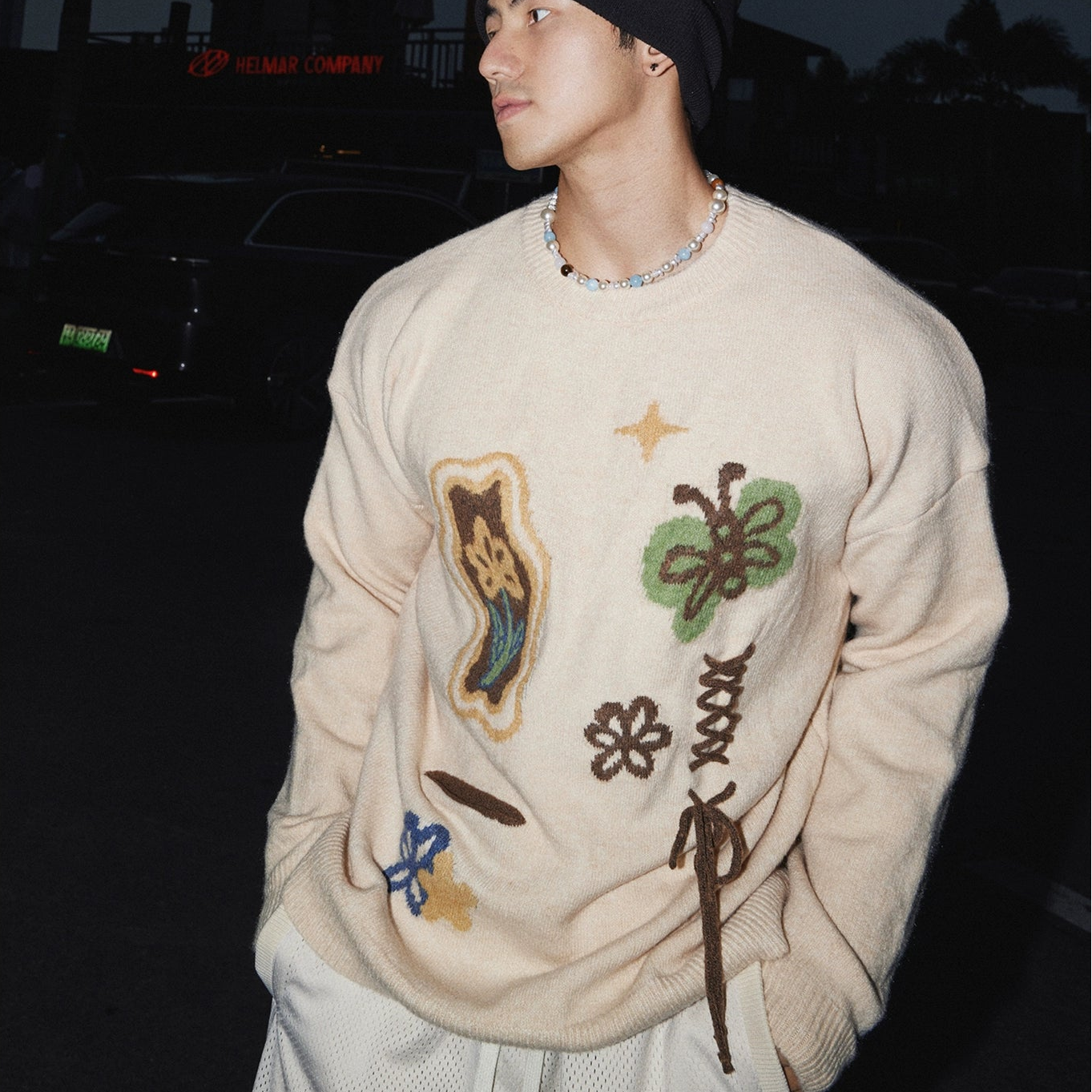 Whimsical Embroidered Cream Knit Sweater