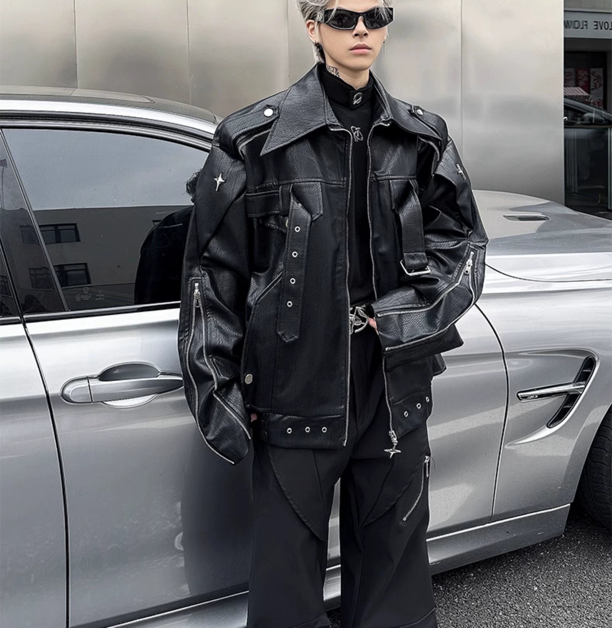 Oversized Star Patch Leather Jacket