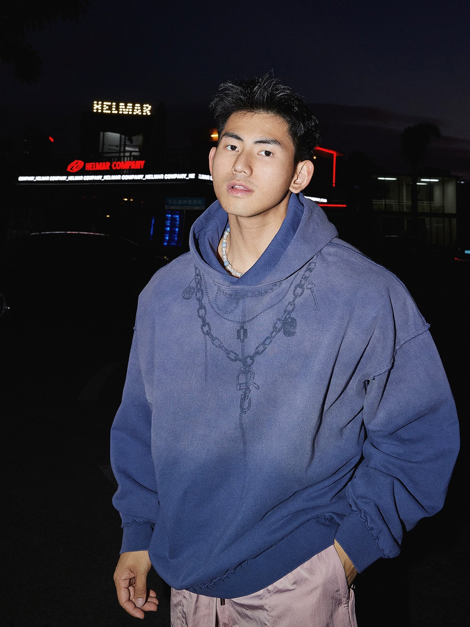 Oversized Faded Hoodie with Chain Print