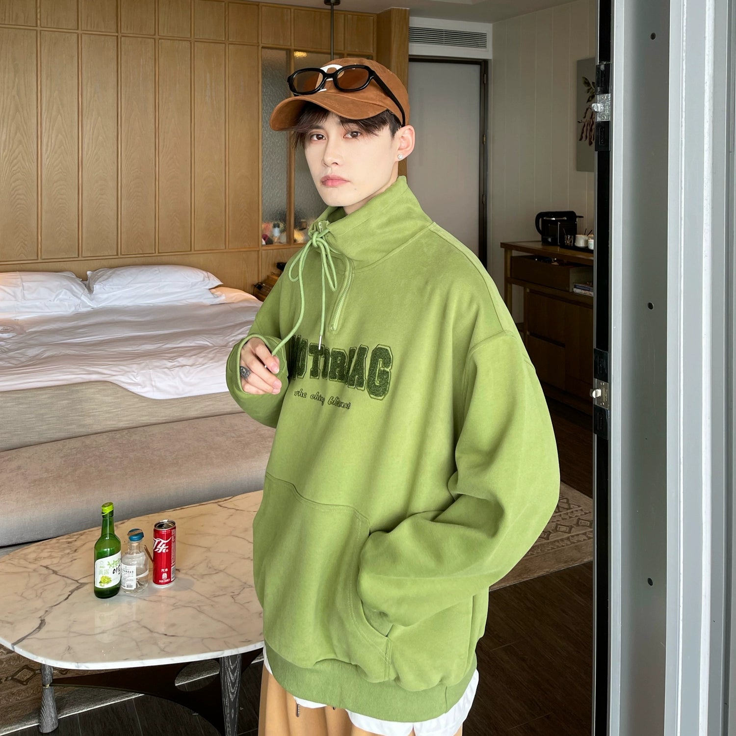 Quarter-Zip Mock Neck Sweatshirt with Embroidered Text