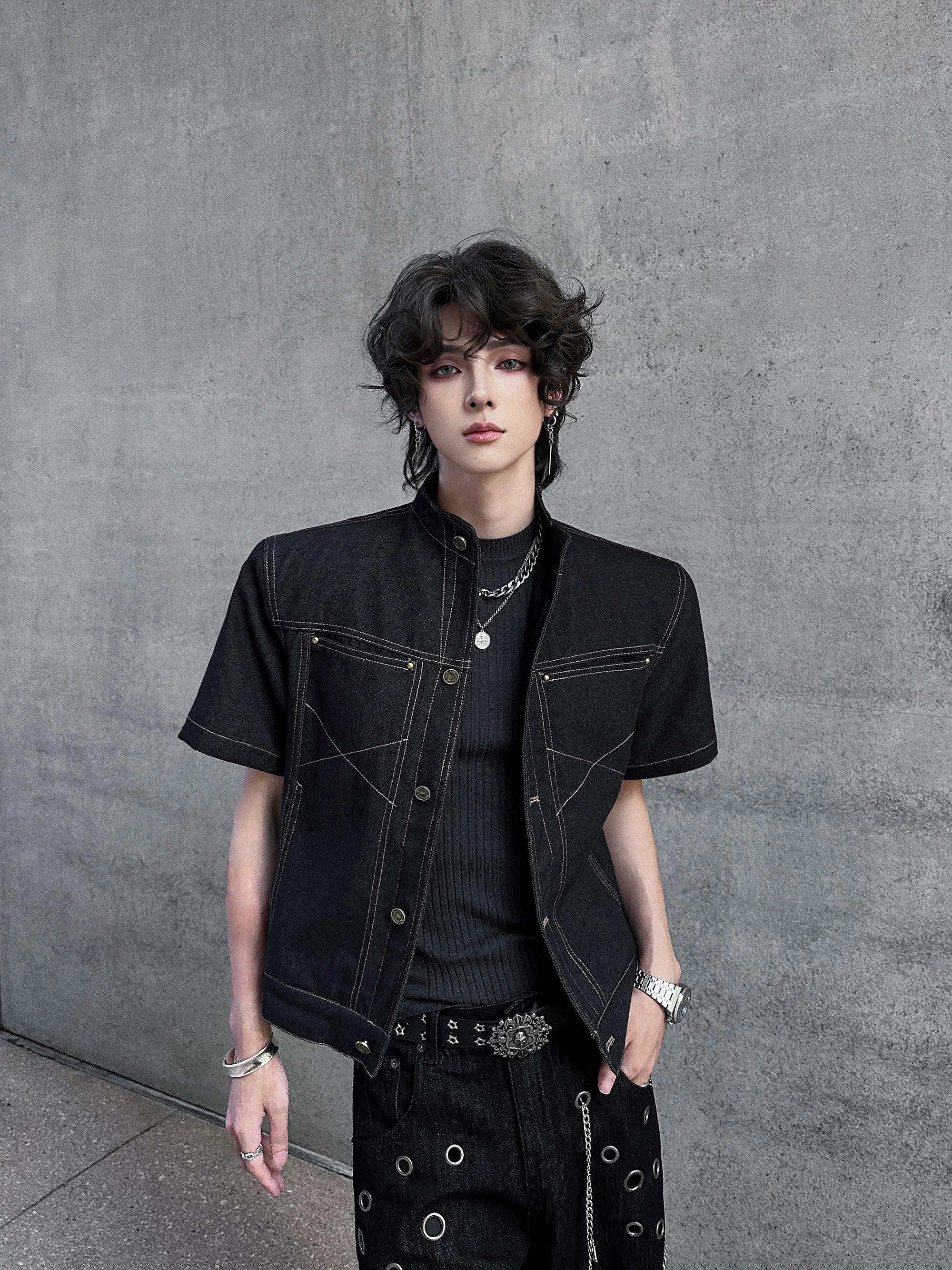 Iron Grid High-Collar Utility Denim Jacket