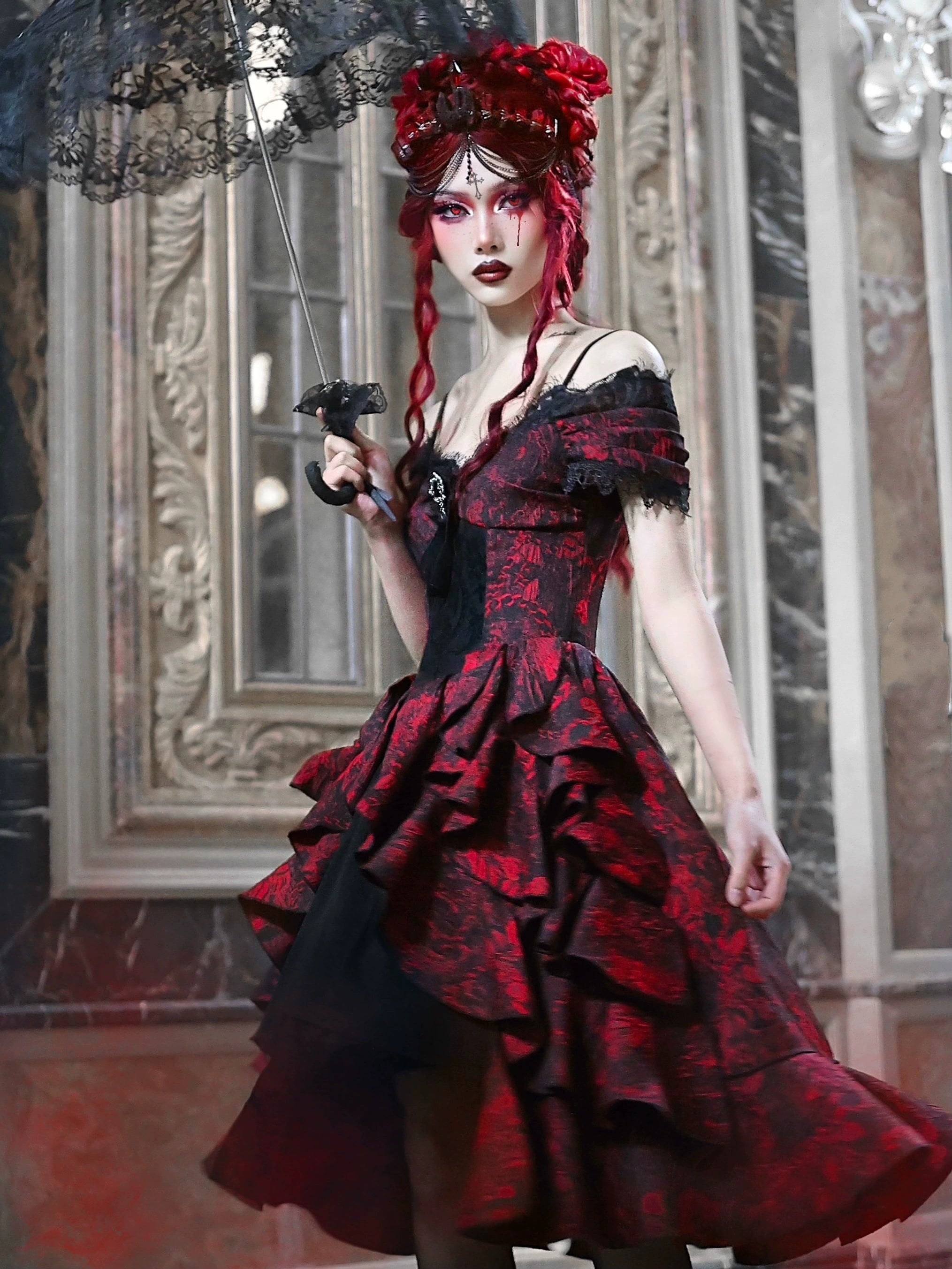 Gothic Red Layered Ruffle Ball Dress