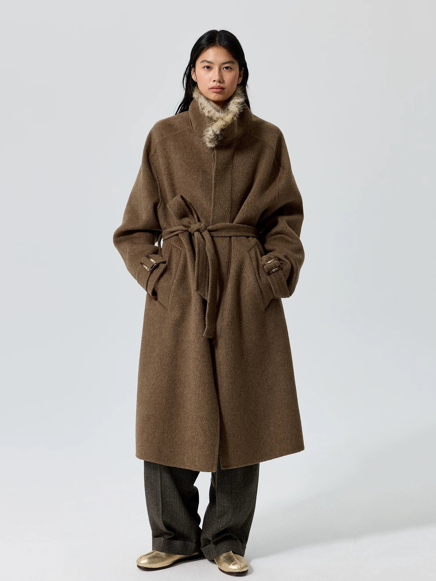 Belted Fur-Trim Collar Coat