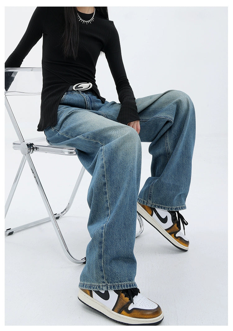 Blue Retro Loose Straight-Leg High-Waist Floor-Length Jeans - chiclara