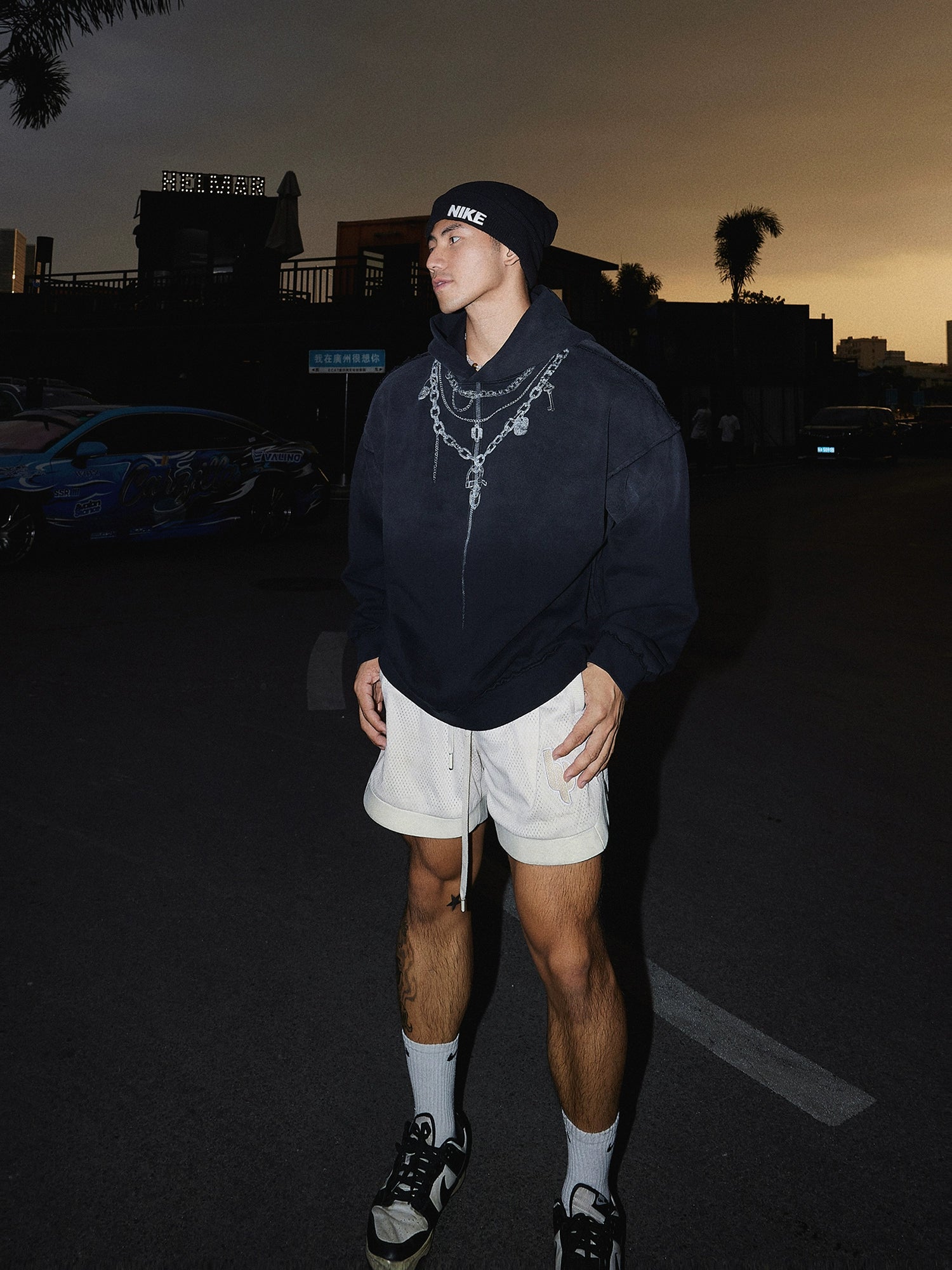 Oversized Faded Hoodie with Chain Print