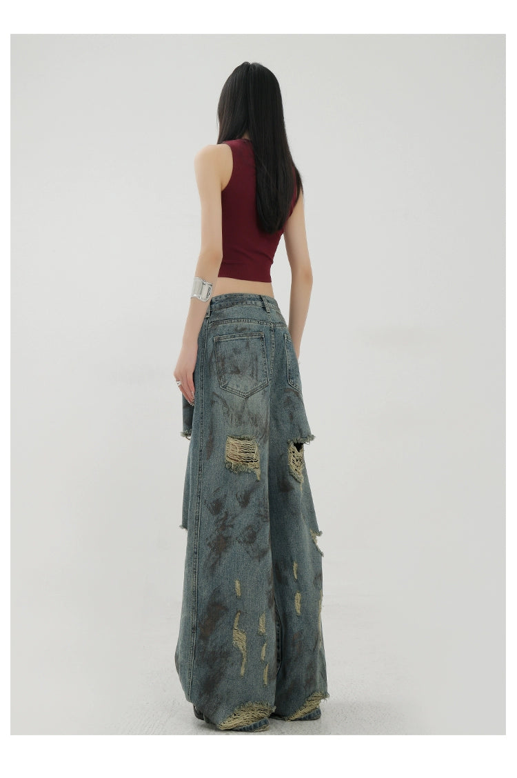 Retro Tie-Dye Distressed Wide-Leg Jeans With Washed Effect And Draping Fit - chiclara
