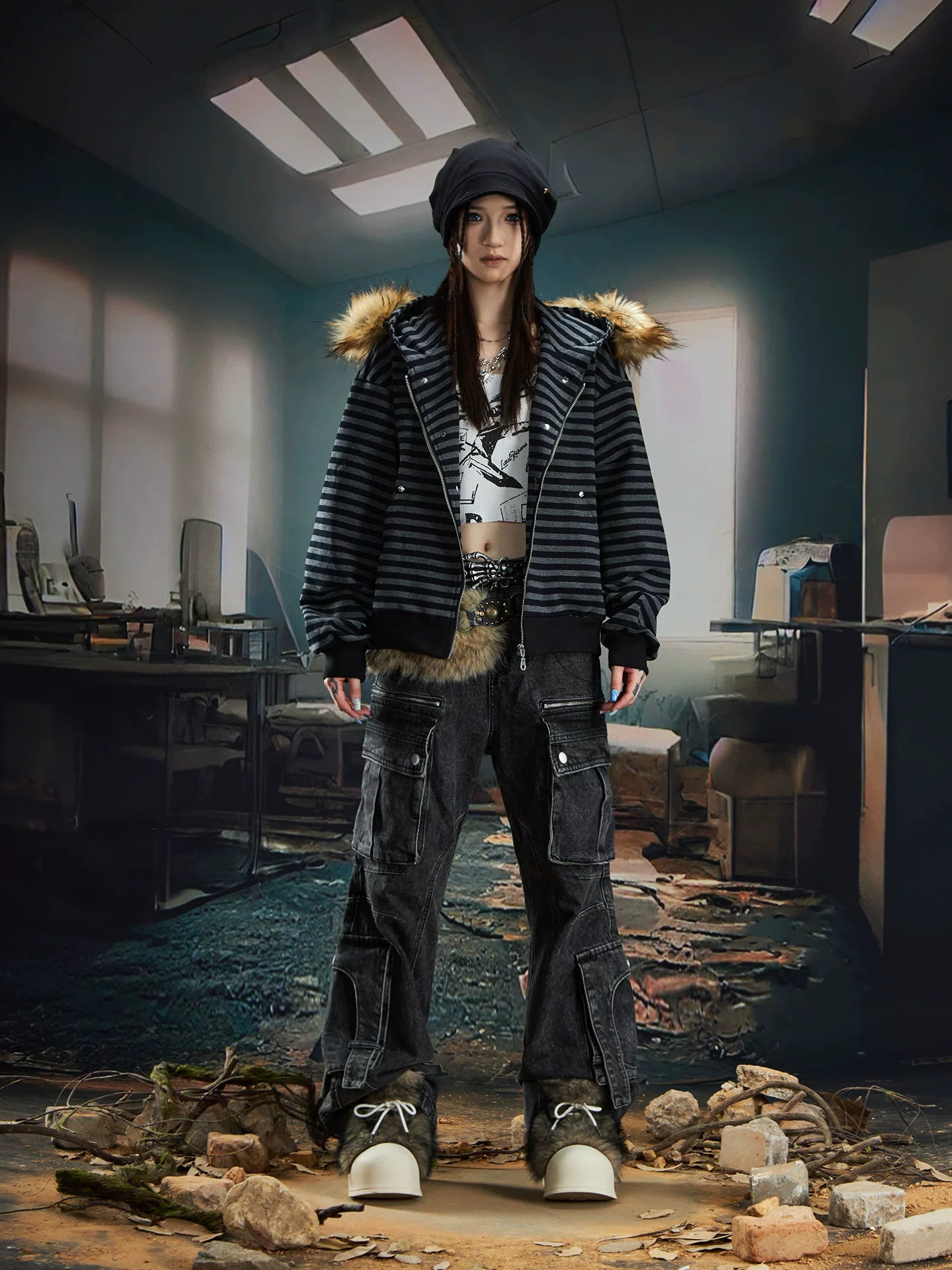 Feral Stripe Faux‑Fur Hooded Zip Jacket
