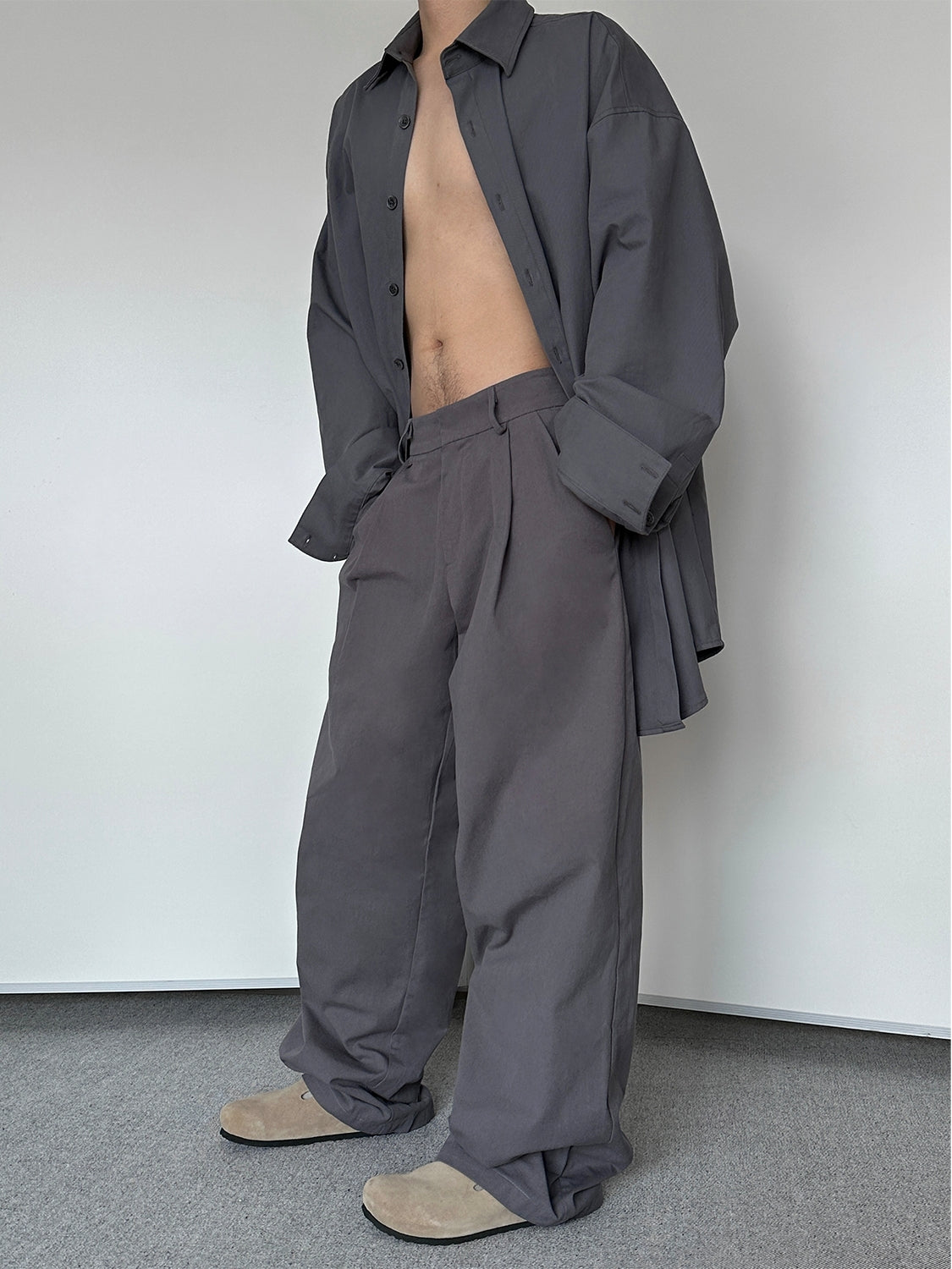 Wide-Leg Pleated Charcoal Grey Trousers