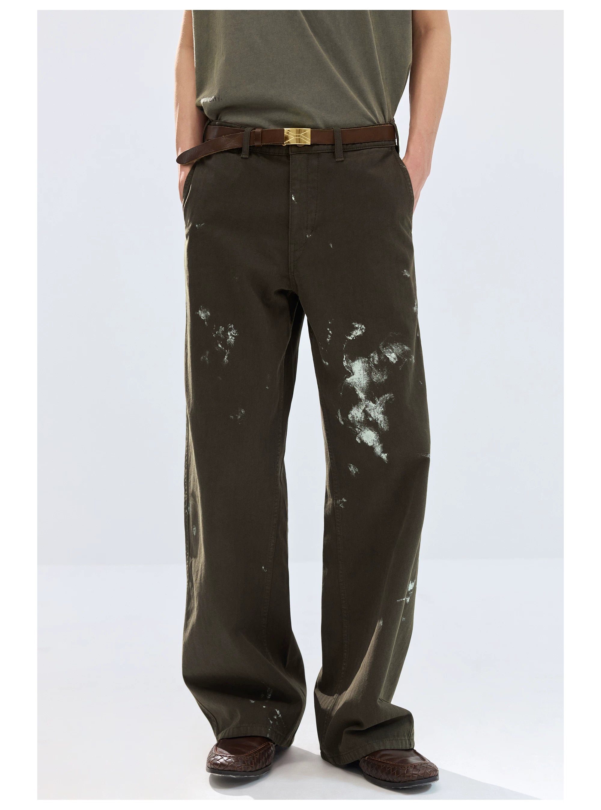 Dark Olive Paint-Splatter Straight-Leg Pants