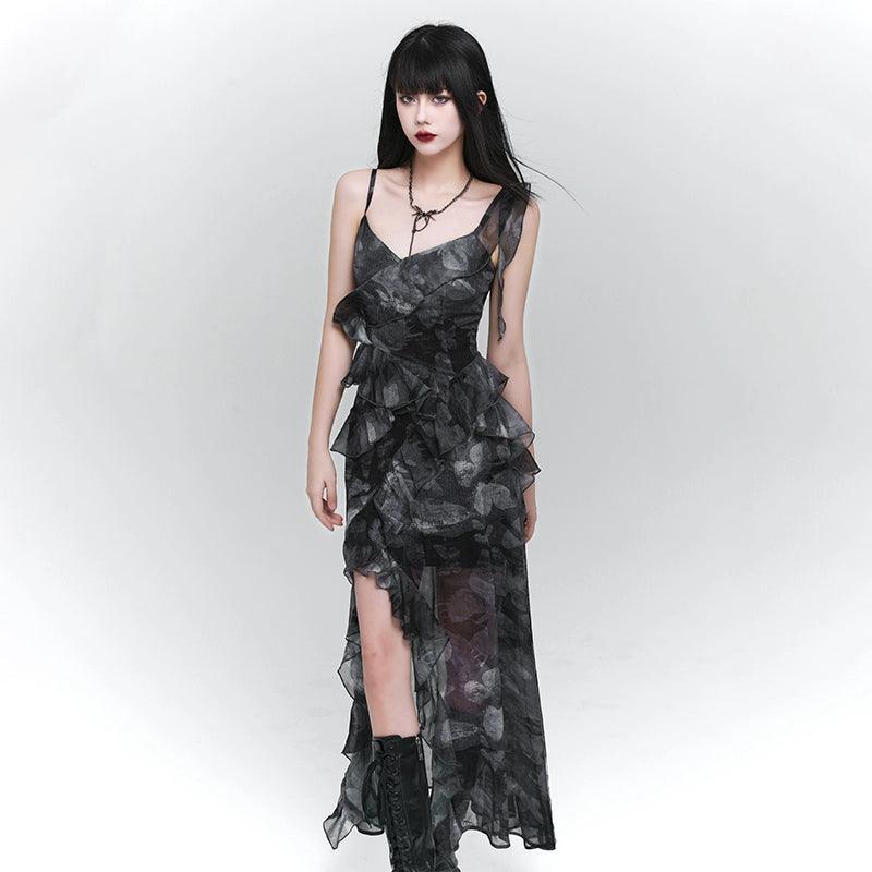 Ladyghost Dark Glamour Asymetrical Maxi Robe - Robe volante à imprimé floral pour femmes avec fente haute